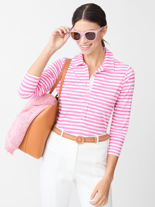 J.McLaughlin Court 3/4 sleeve polo in white/fuchsia made with Catalina cloth.