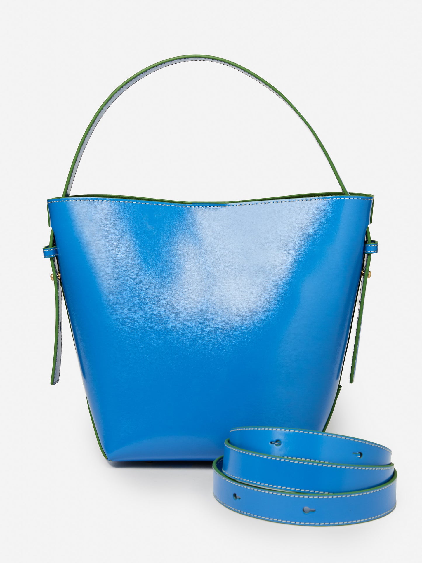 J.McLaughlin Crawford bucket bag in blue/green made with leather.