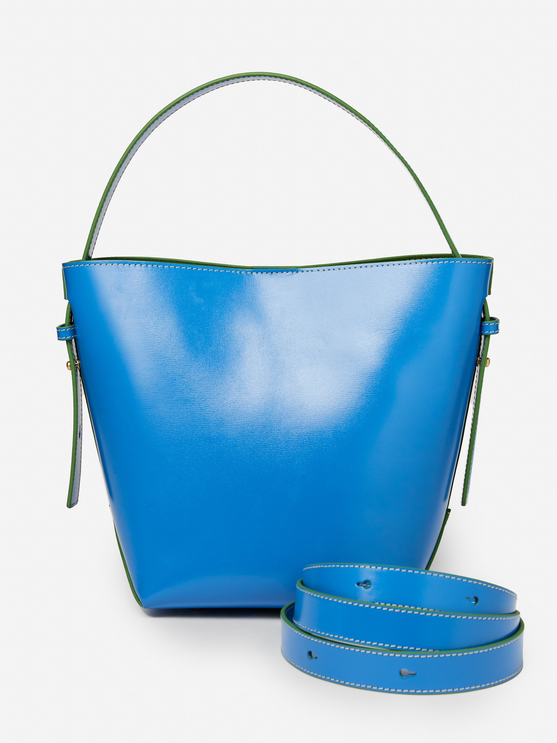 J.McLaughlin Crawford bucket bag in blue/green made with leather.