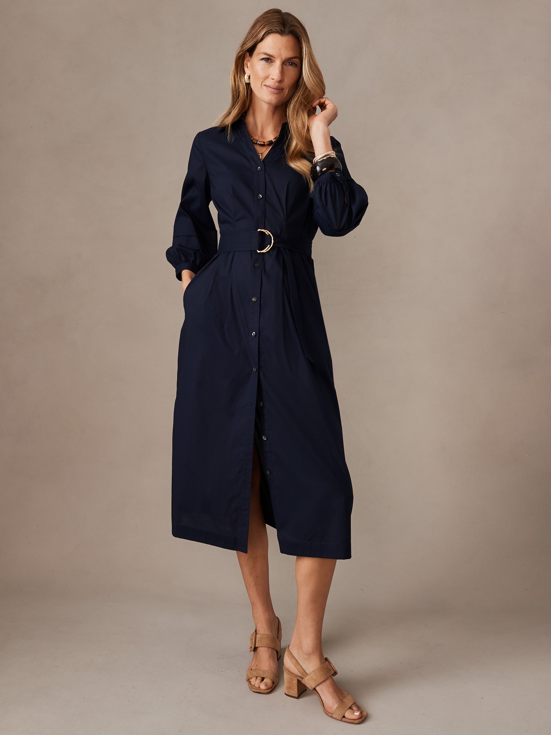 J.McLaughlin Dahlia dress in navy made with cotton poplin. 