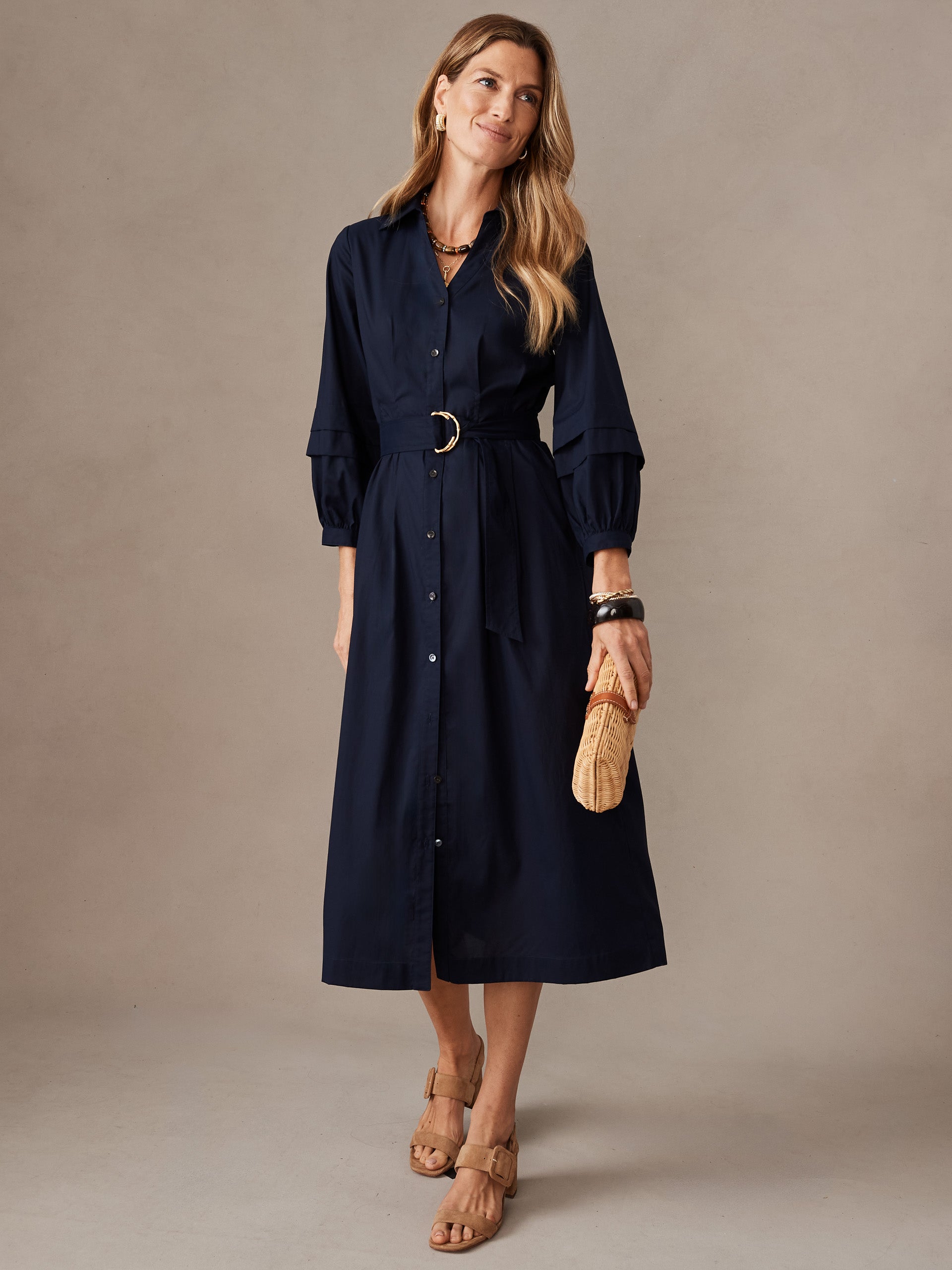 J.McLaughlin Dahlia dress in navy made with cotton poplin. 