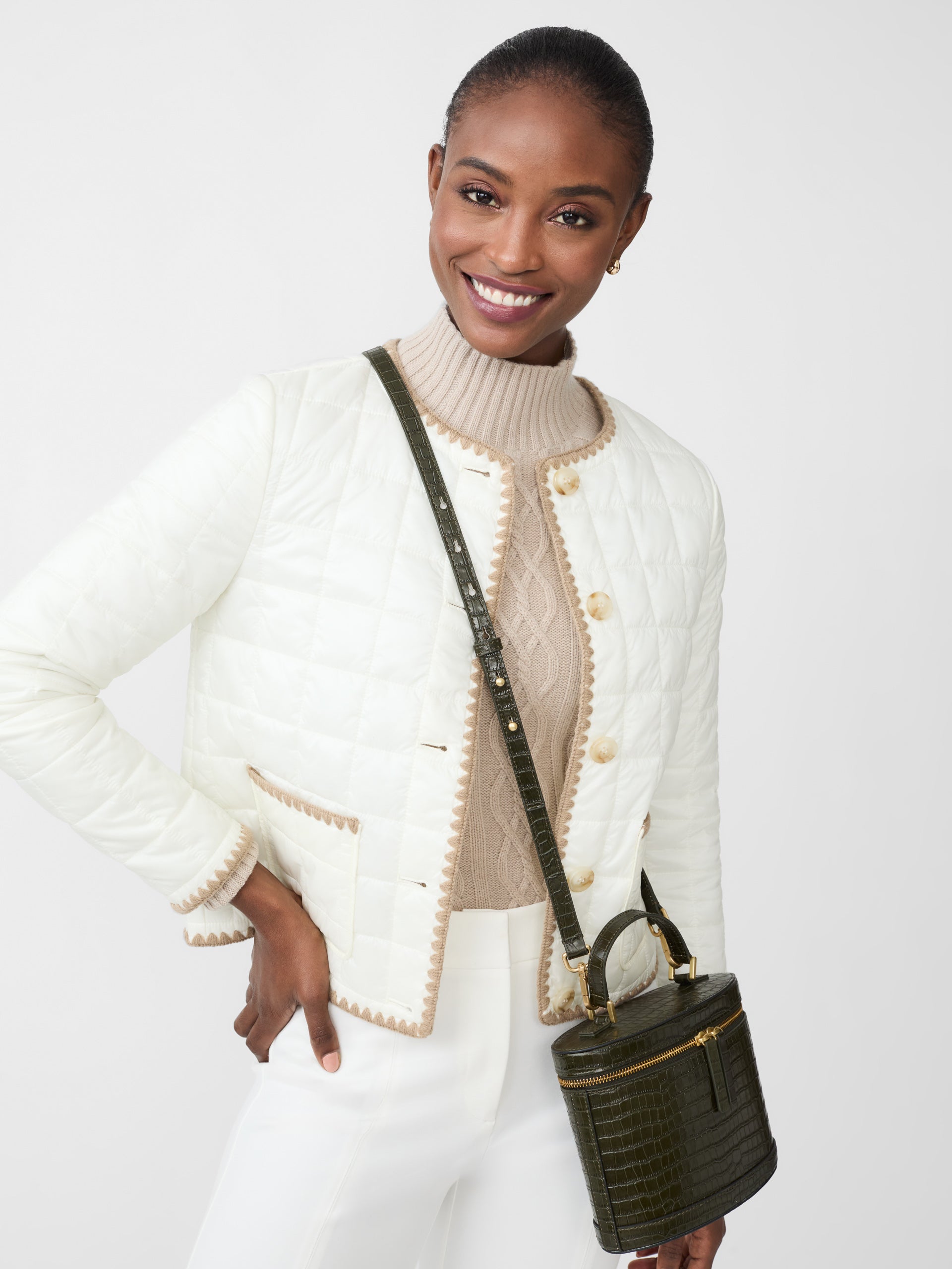 J.McLaughlin Danica puffer jacket in egret white made with nylon.