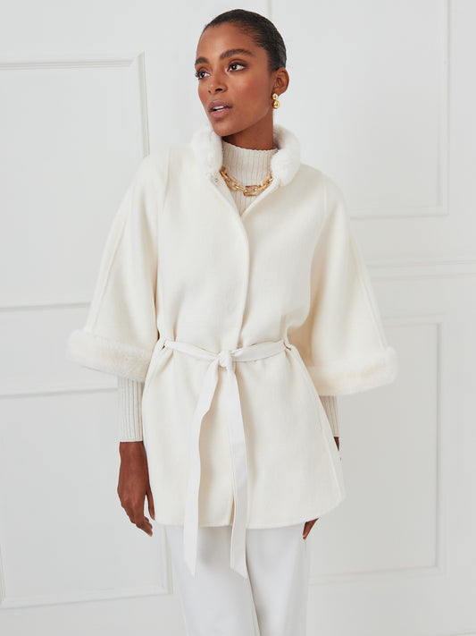 J.McLaughlin Davos poncho in cream made with faux fur/wool.