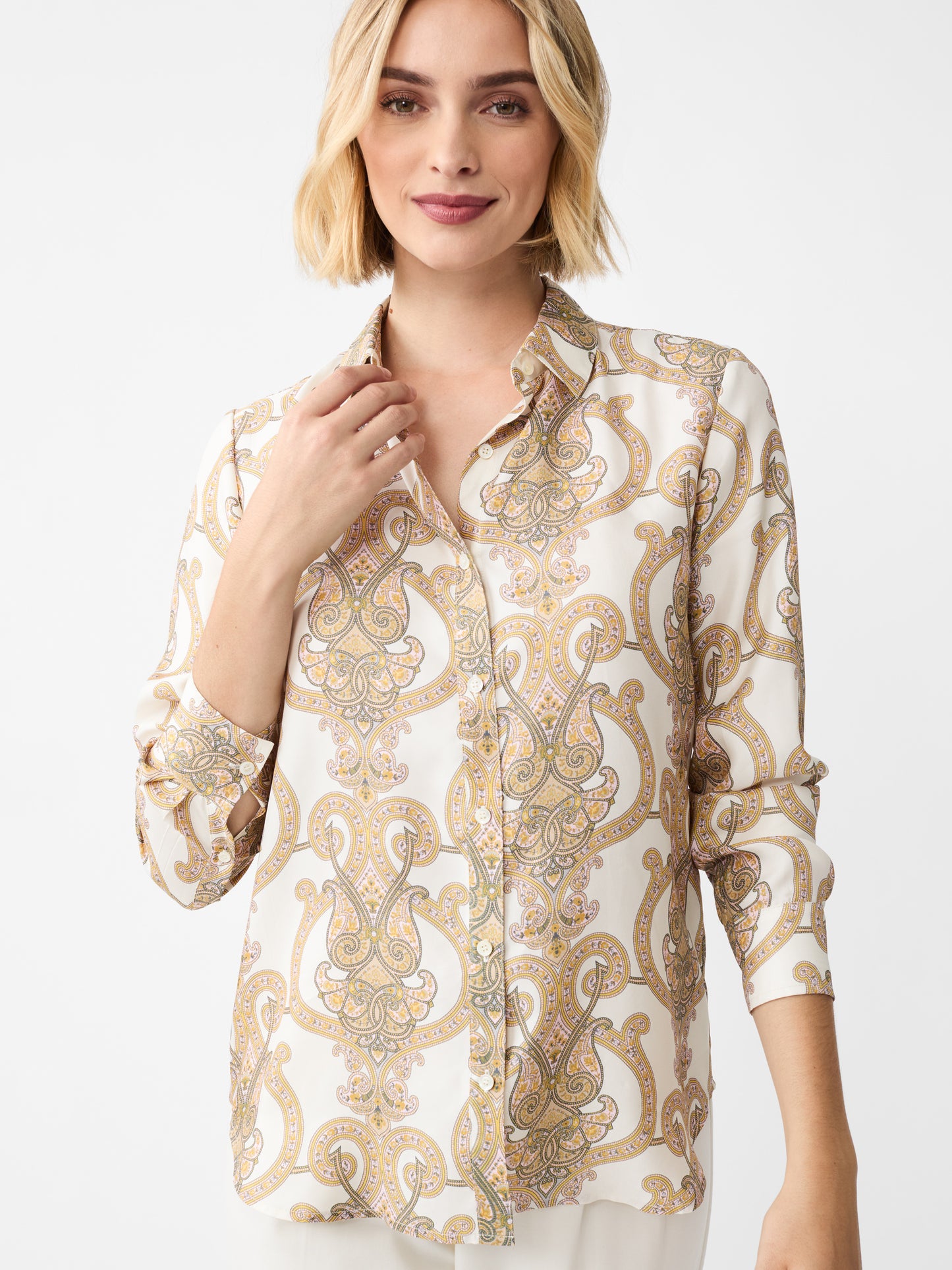 J.McLaughlin Denver shirt in cream/sand made with silk/viscose.