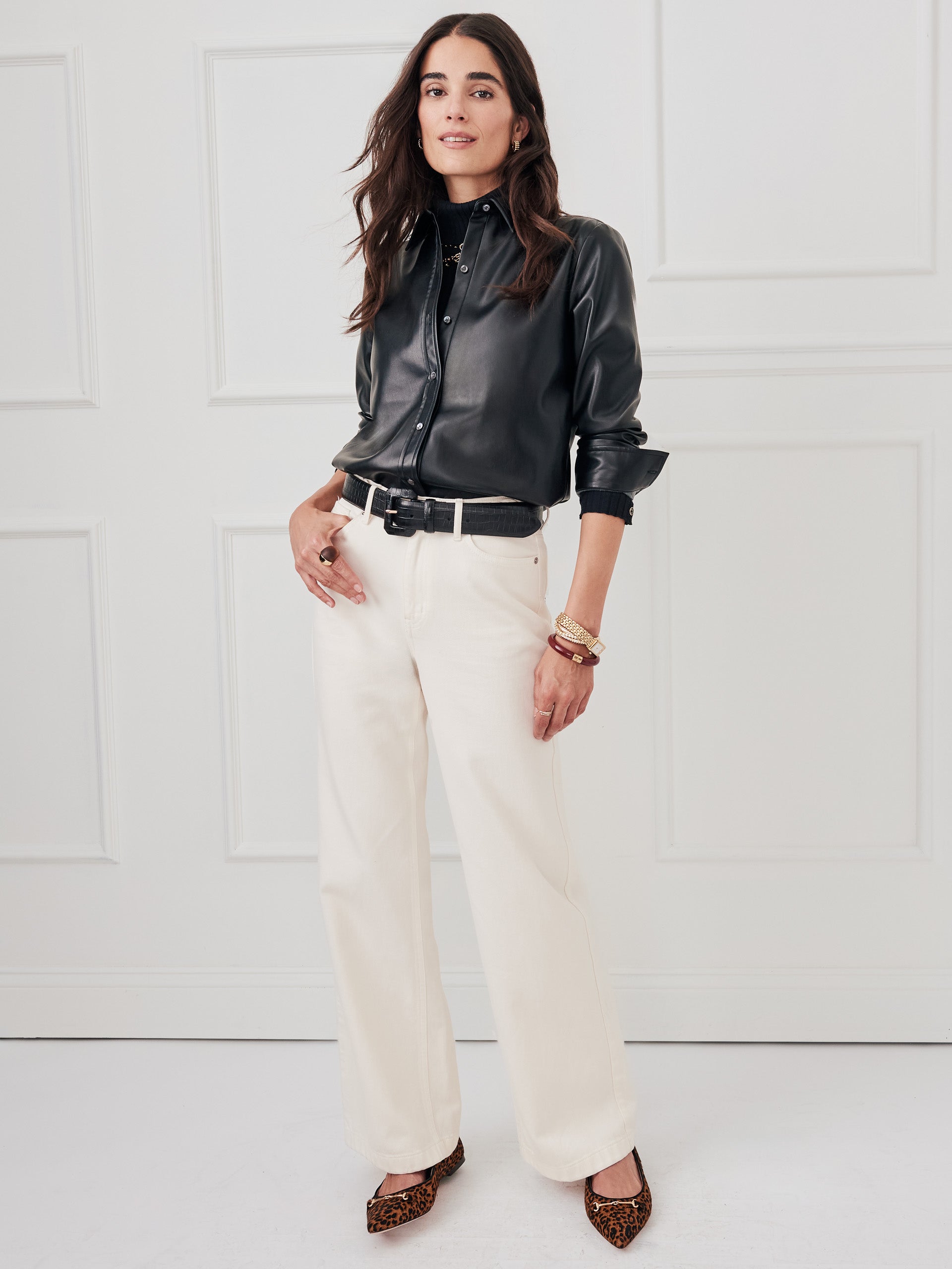 J.McLaughlin Denver top in black made with vegan leather.