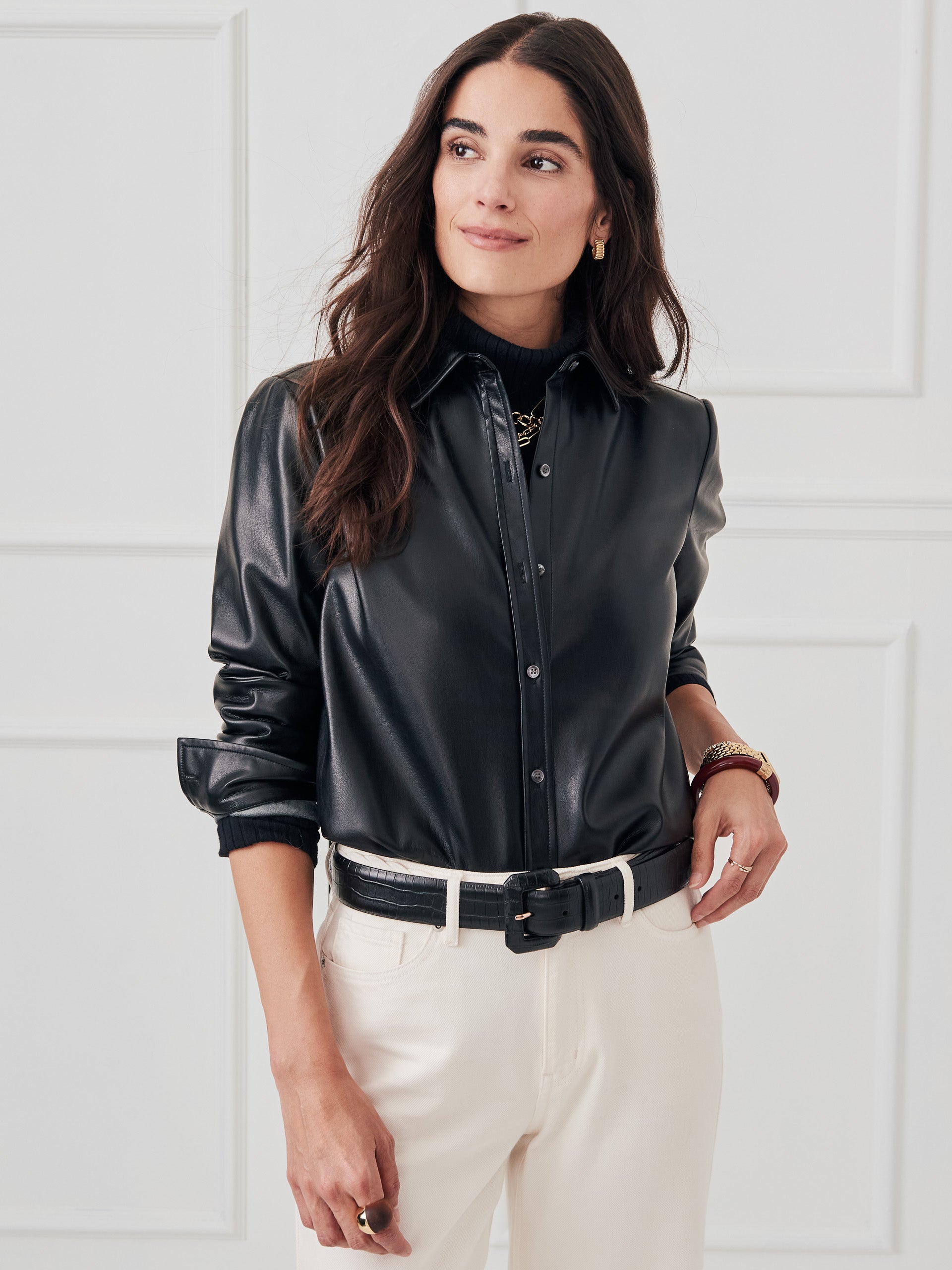 J.McLaughlin Denver top in black made with vegan leather.