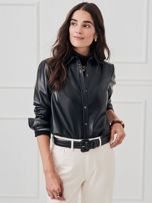 J.McLaughlin Denver top in black made with vegan leather.