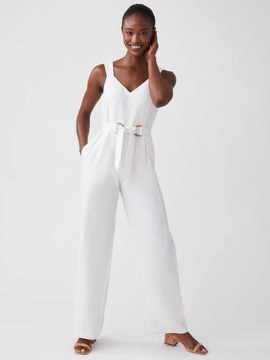 Model wearing J.McLaughlin Desdemona jumpsuit in white made with linen/lyocell.