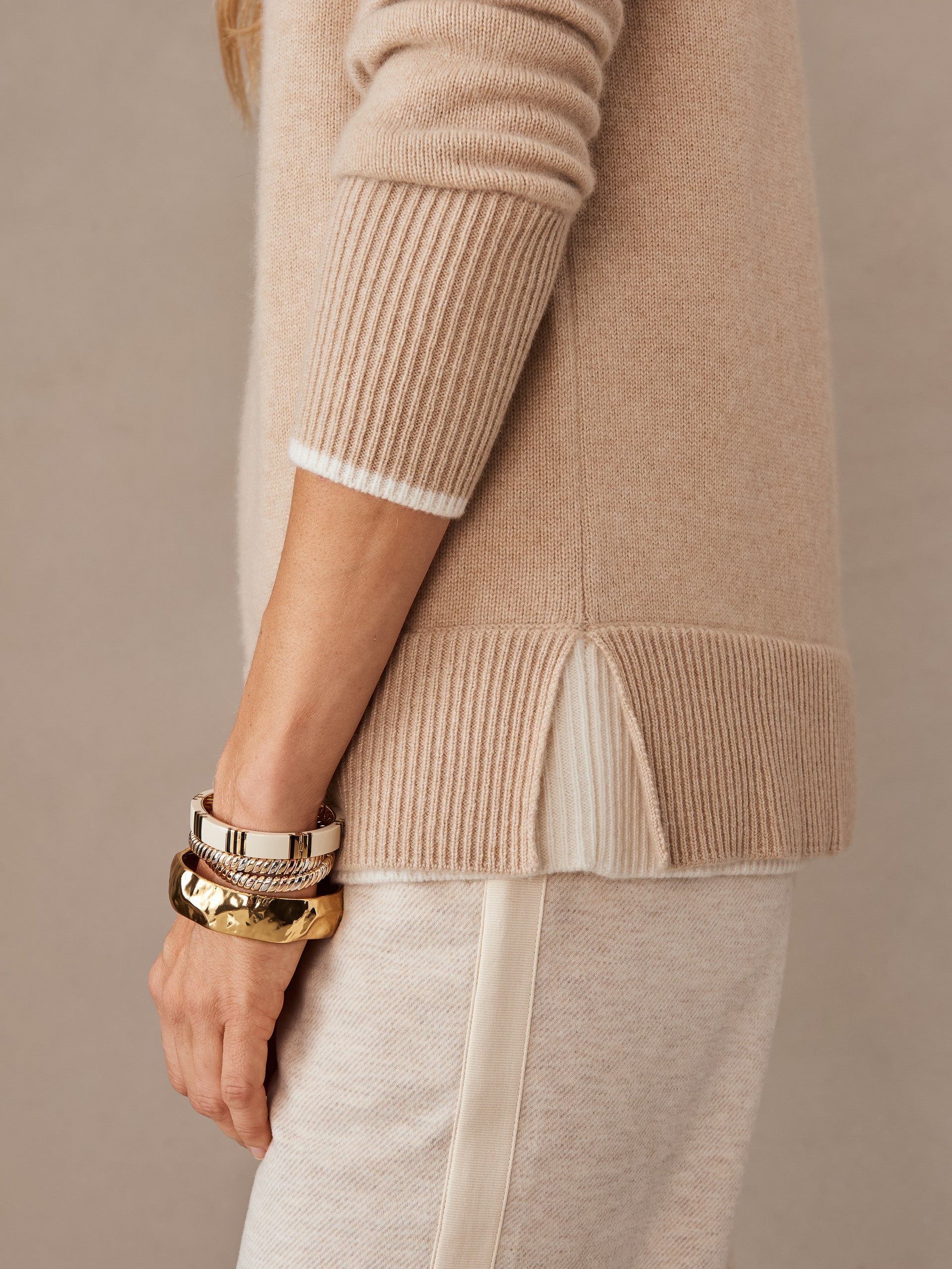 J.McLaughlin Jonah sweater in light camel/off white made with cashmere. 