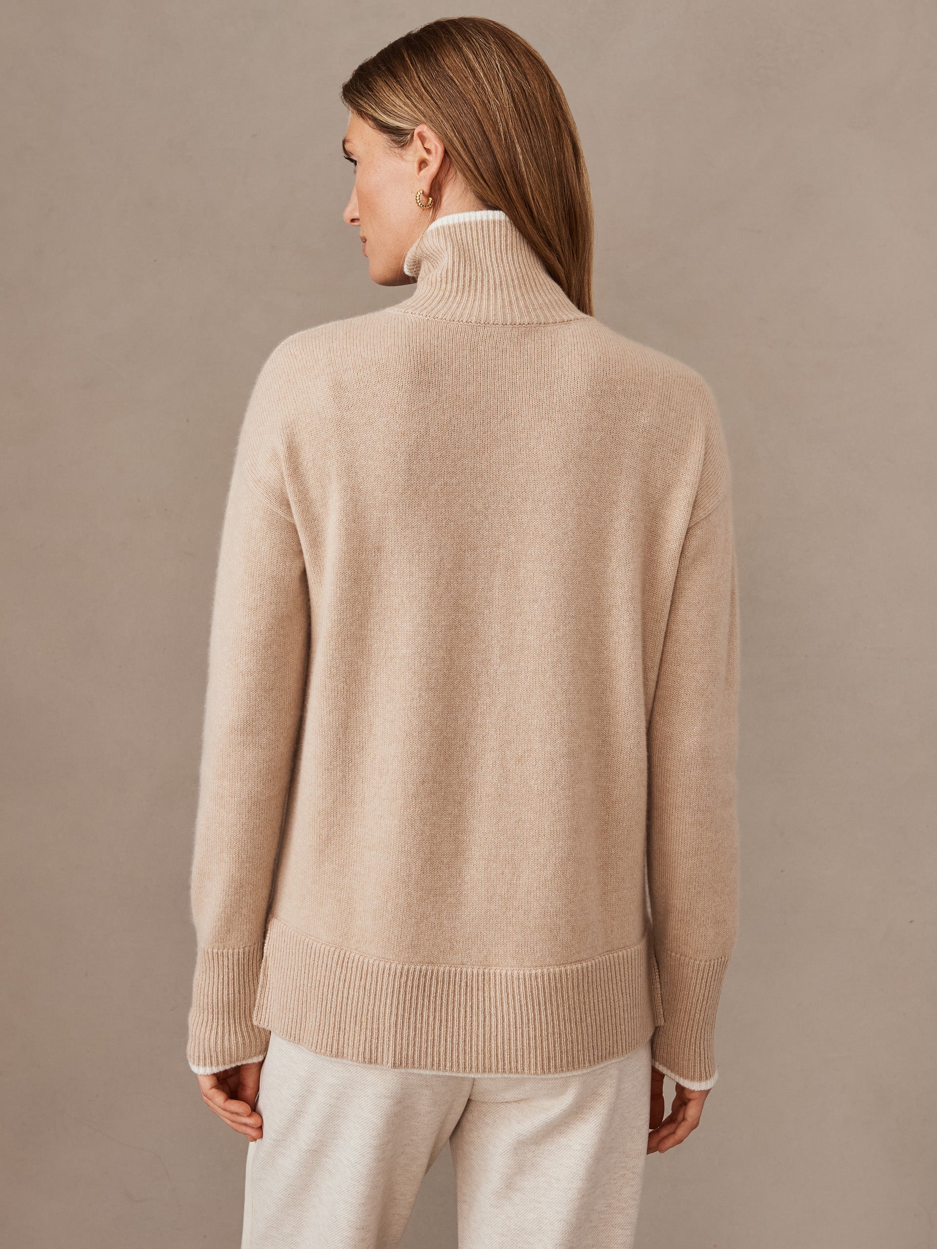 J.McLaughlin Jonah sweater in light camel/off white made with cashmere. 