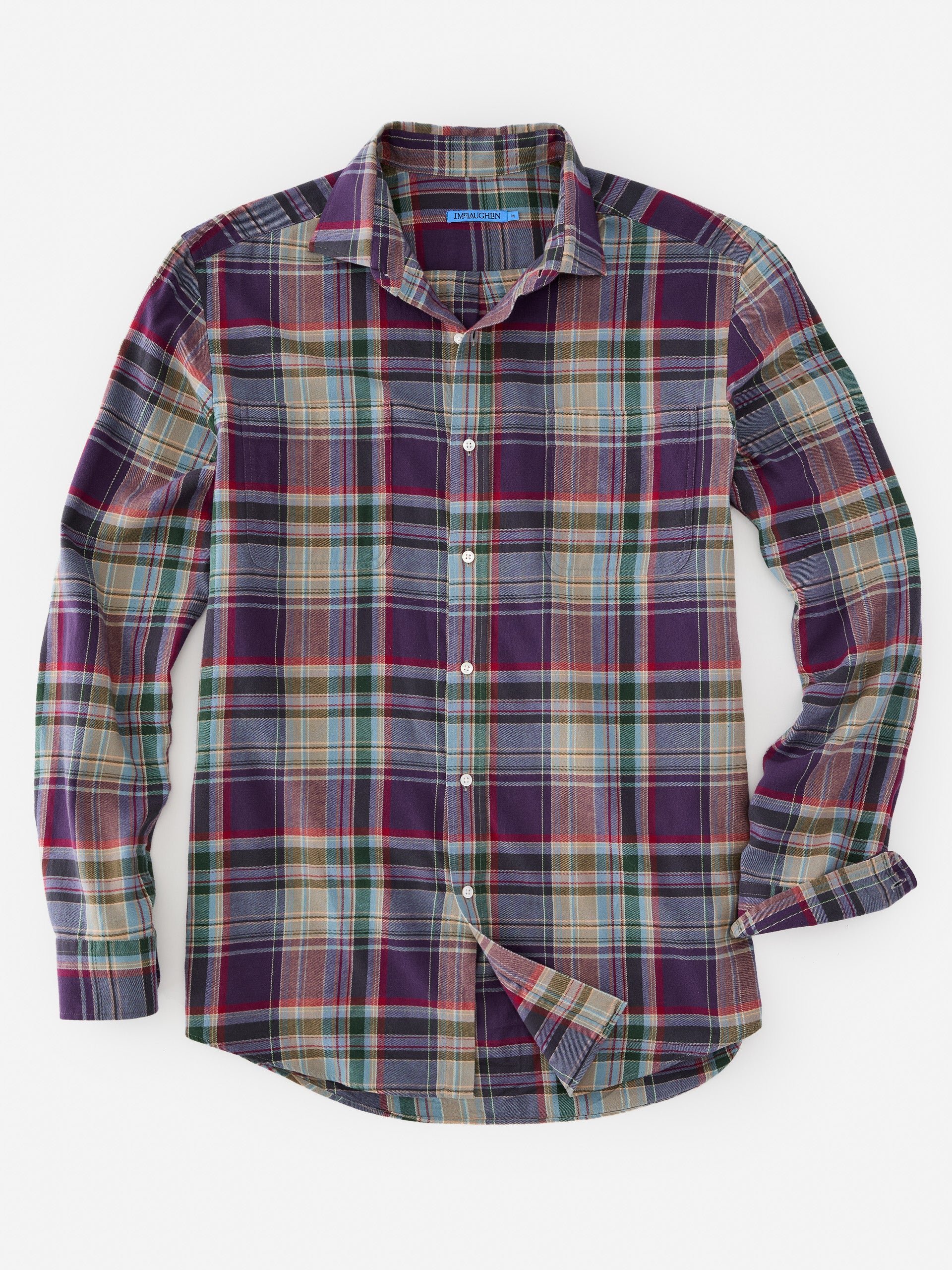 J.McLaughlin Dobson classic fit flannel shirt in navy/blue/burgundy made with cotton.