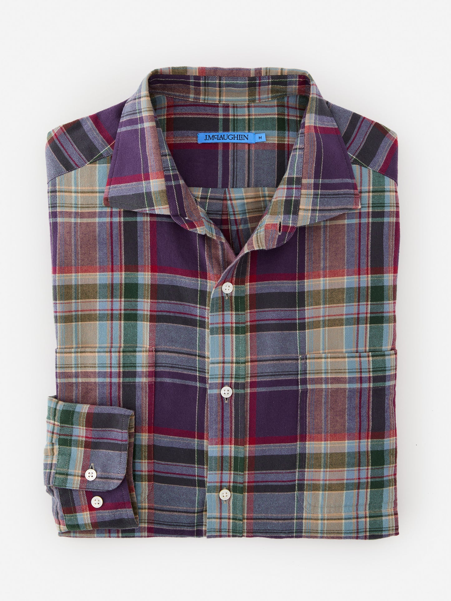 J.McLaughlin Dobson classic fit flannel shirt in navy/blue/burgundy made with cotton.