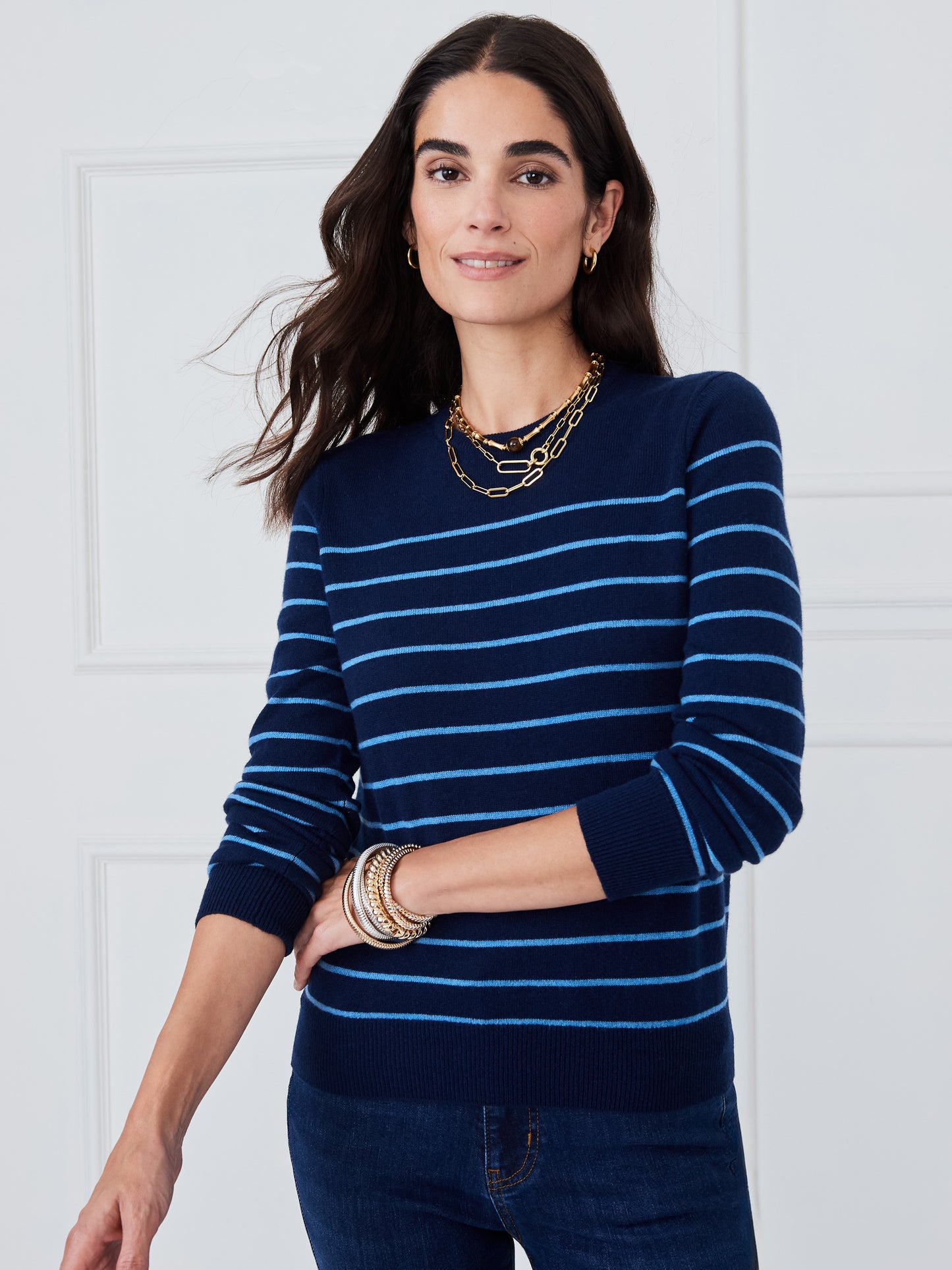 J.McLaughlin Colette sweater in navy/denim blue made with cashmere. 