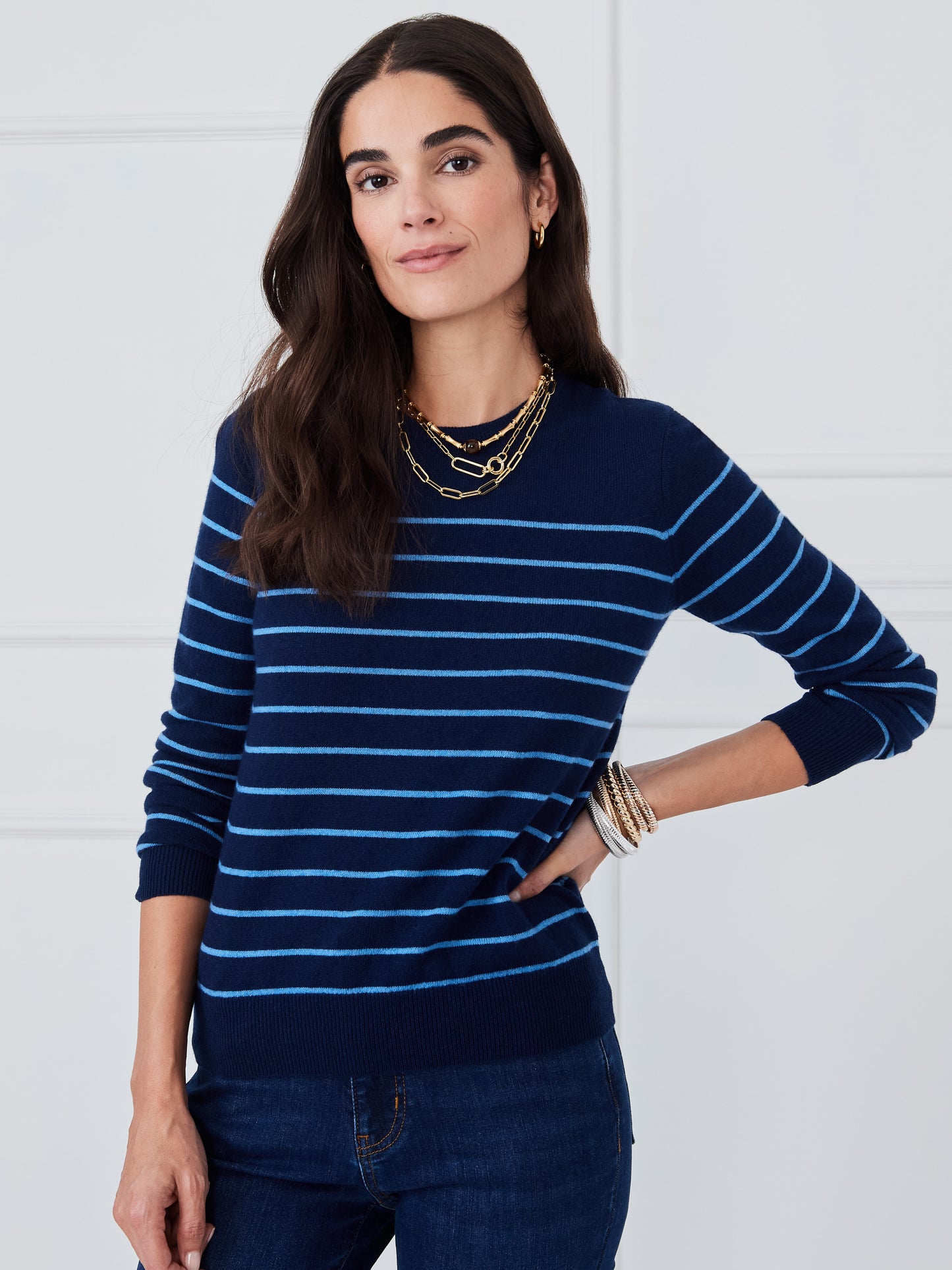 J.McLaughlin Colette sweater in navy/denim blue made with cashmere. 