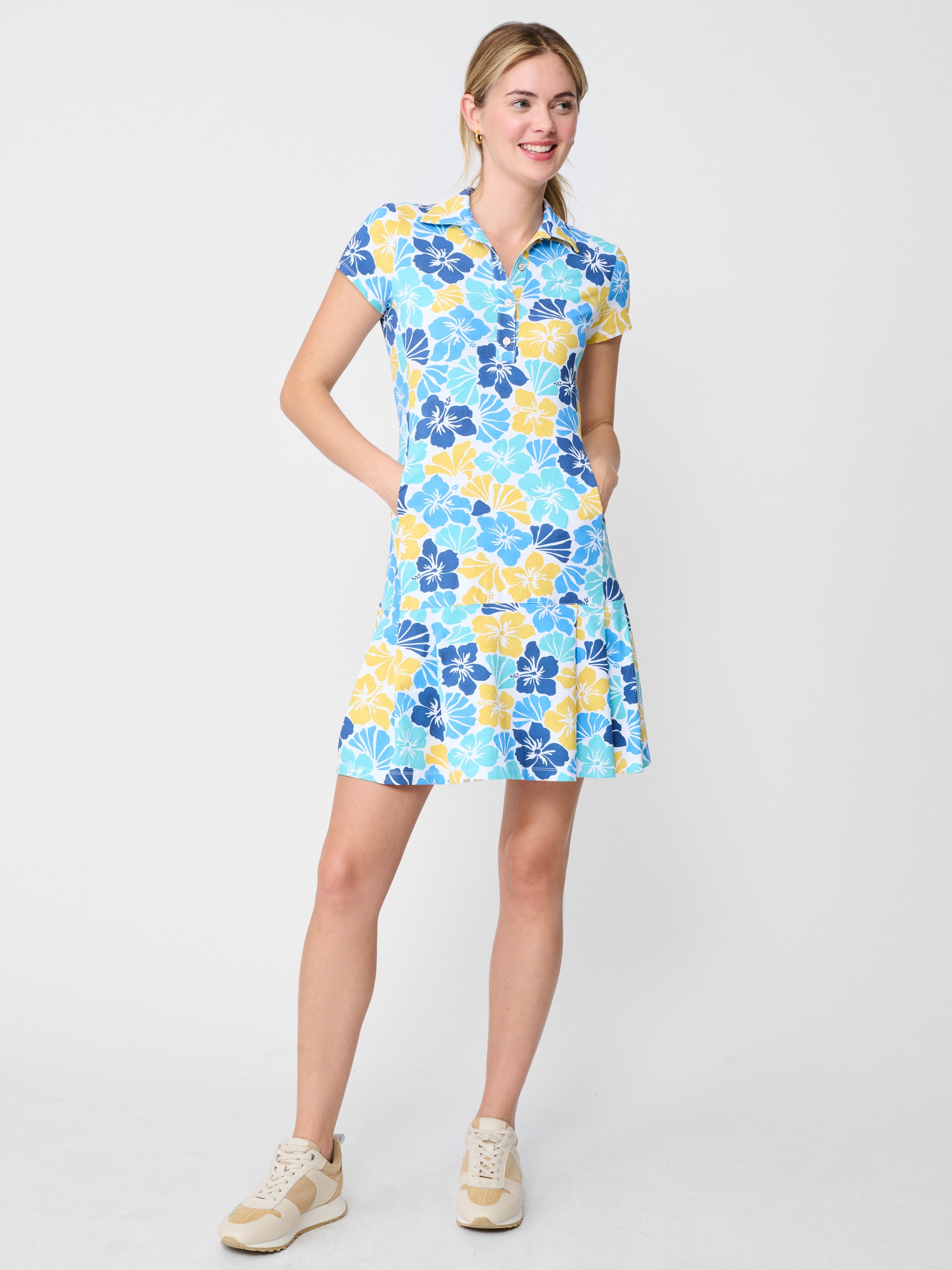 J.McLaughlin Dorte dress in blue/navy/yellow made with Catalina cloth.