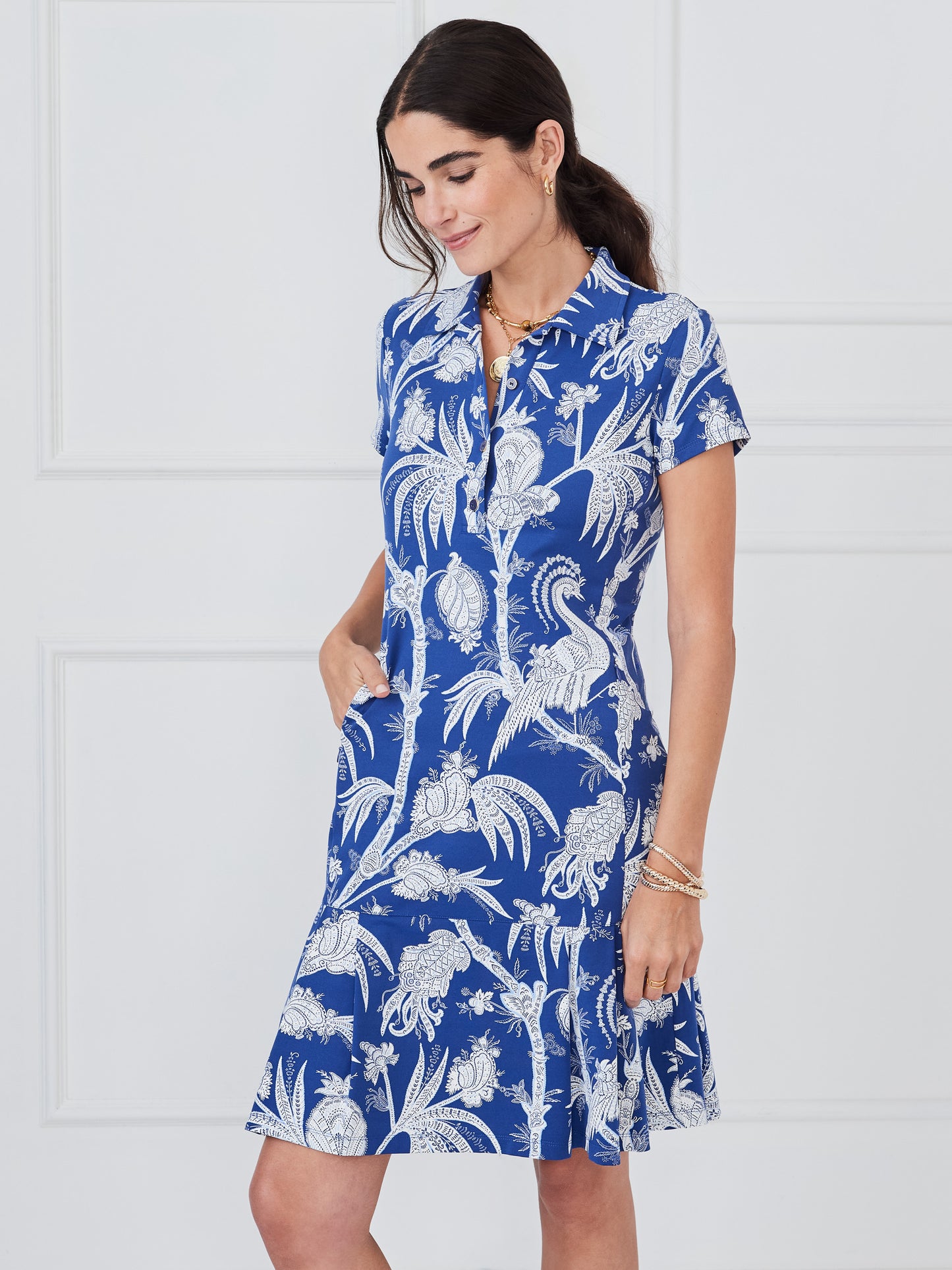 J.McLaughlin Dorte dress in dark blue/off white made with catalina cloth.