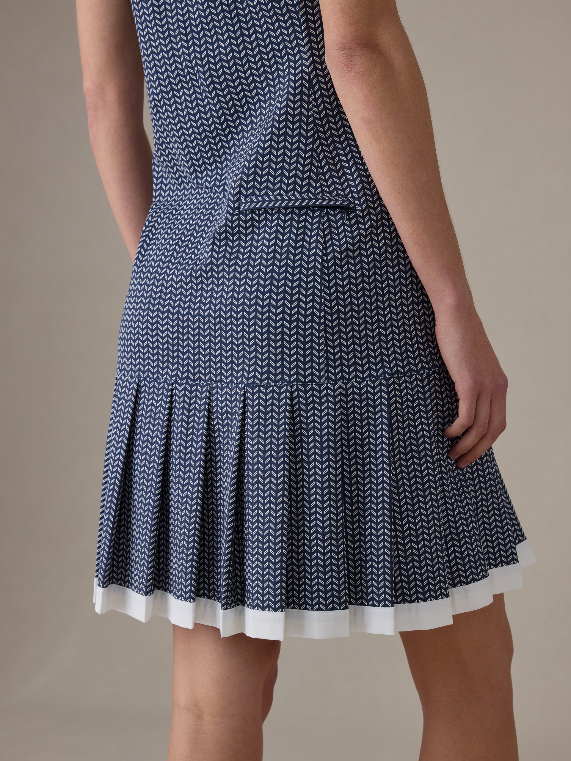 Back view of a woman wearing the Dorte Dress in Vine by J.McLaughlin, featuring a blue patterned fabric with a pleated hem and tailored seam details.