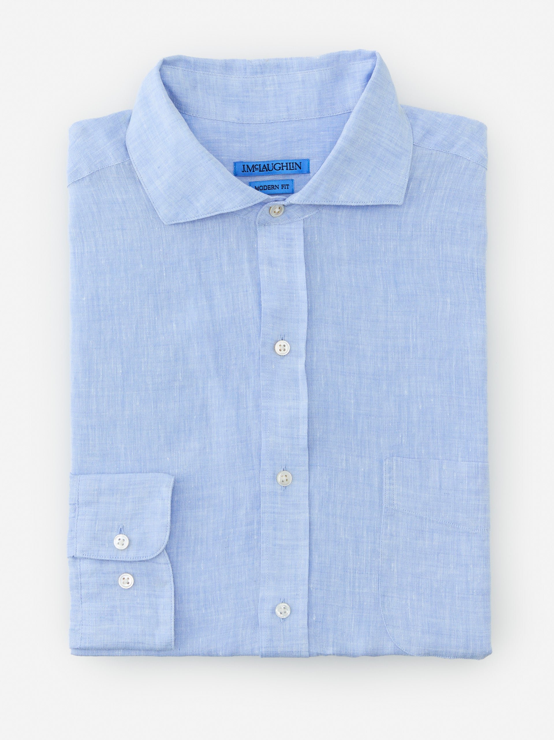 J.McLaughlin Drummond modern fit shirt in light denim blue made with linen.