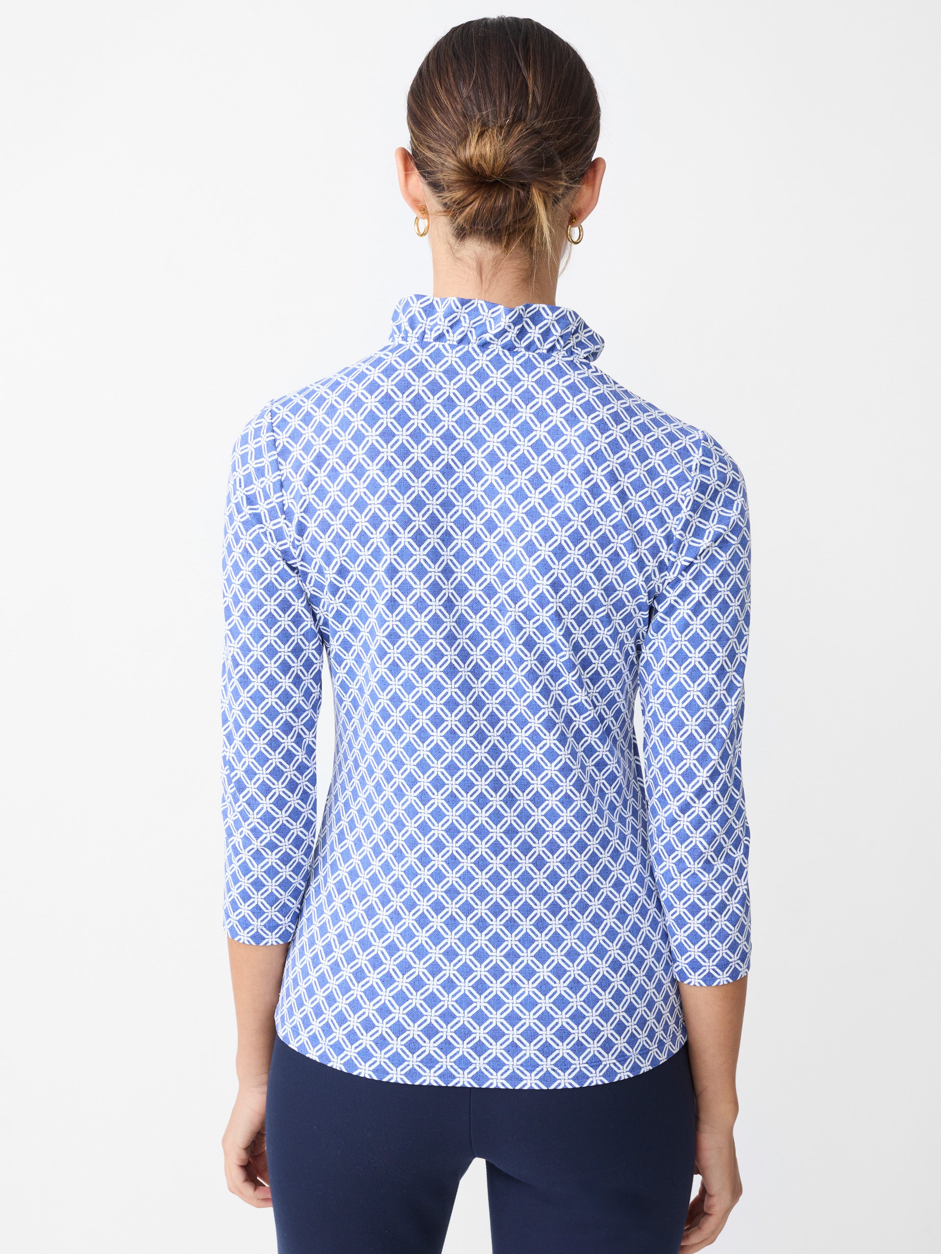 J.McLaughlin Durham ruffle top in dark blue/white made with Catalina cloth.