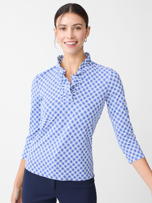 J.McLaughlin Durham ruffle top in dark blue/white made with Catalina cloth.