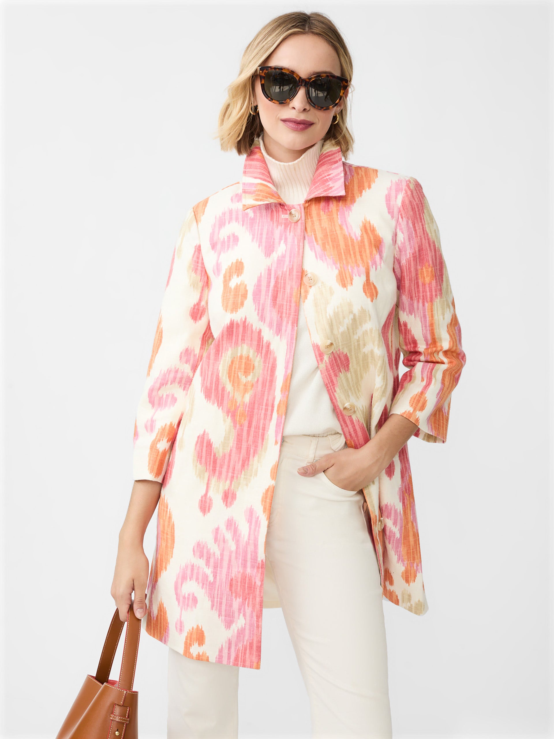 J.McLaughlin Deirdre coat in orange/pink made with a linen blend.