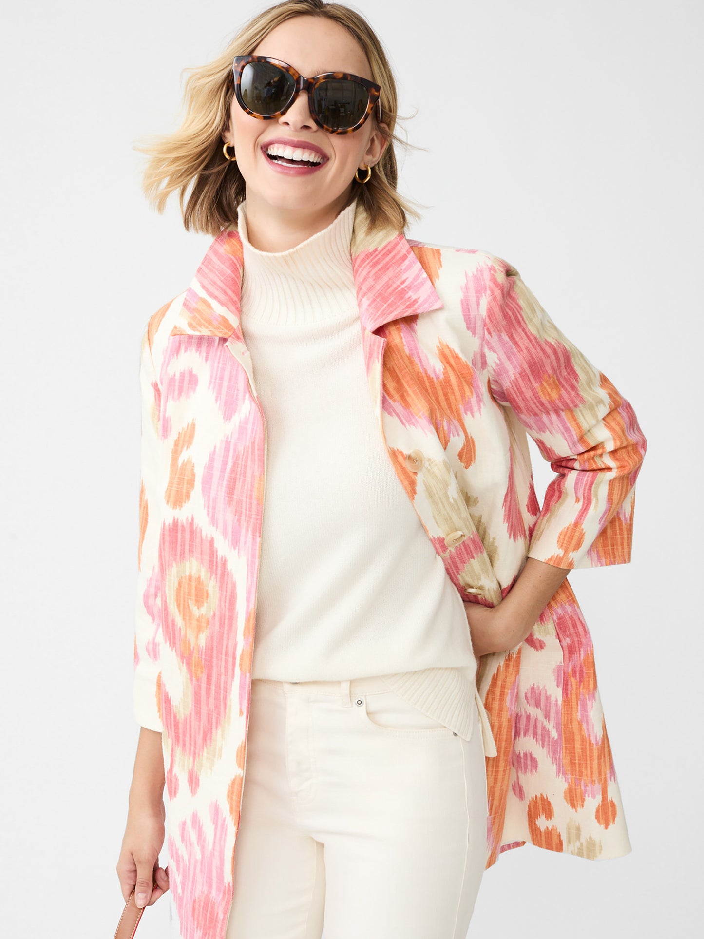 J.McLaughlin Deirdre coat in orange/pink made with a linen blend.