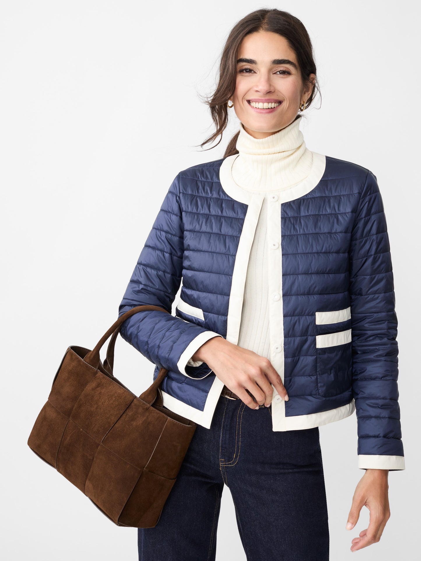 J.McLaughlin Eva puffer jacket in dark navy made with nylon.