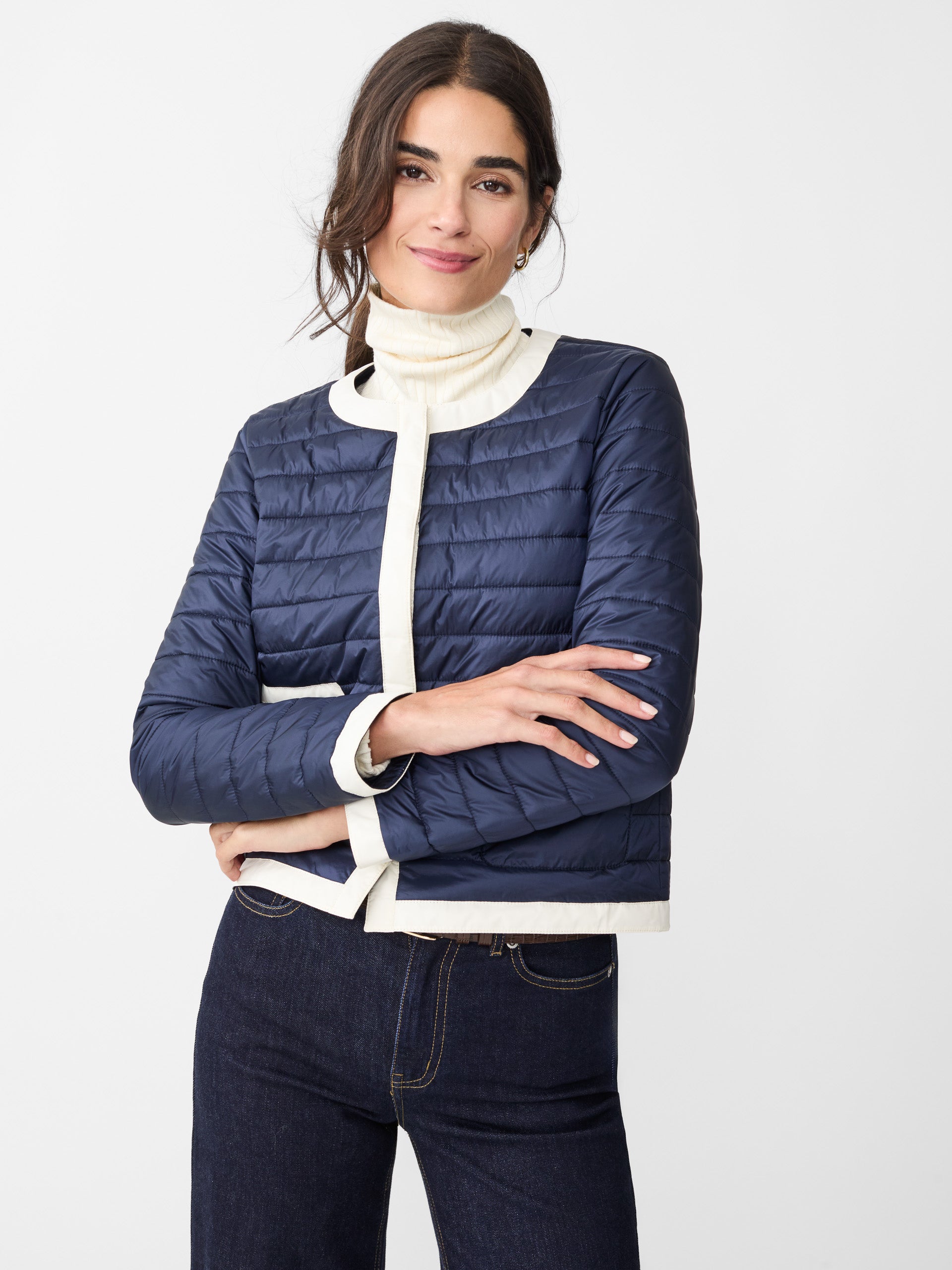 J.McLaughlin Eva puffer jacket in dark navy made with nylon.