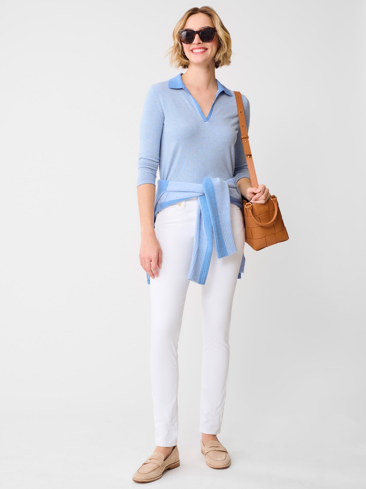 J.McLaughlin Fairfax sweater in blue/egret white made with cotton.