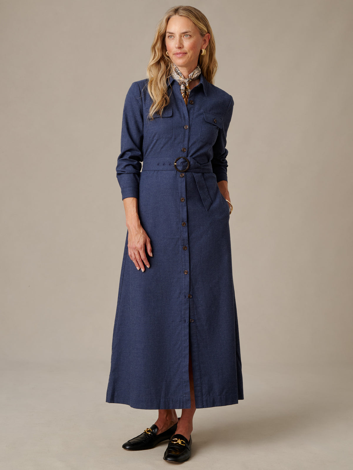J.McLaughlin Fallon Dress in navy cotton wool blend with shirt collar chest flap pockets and removable self belt styled with loafers