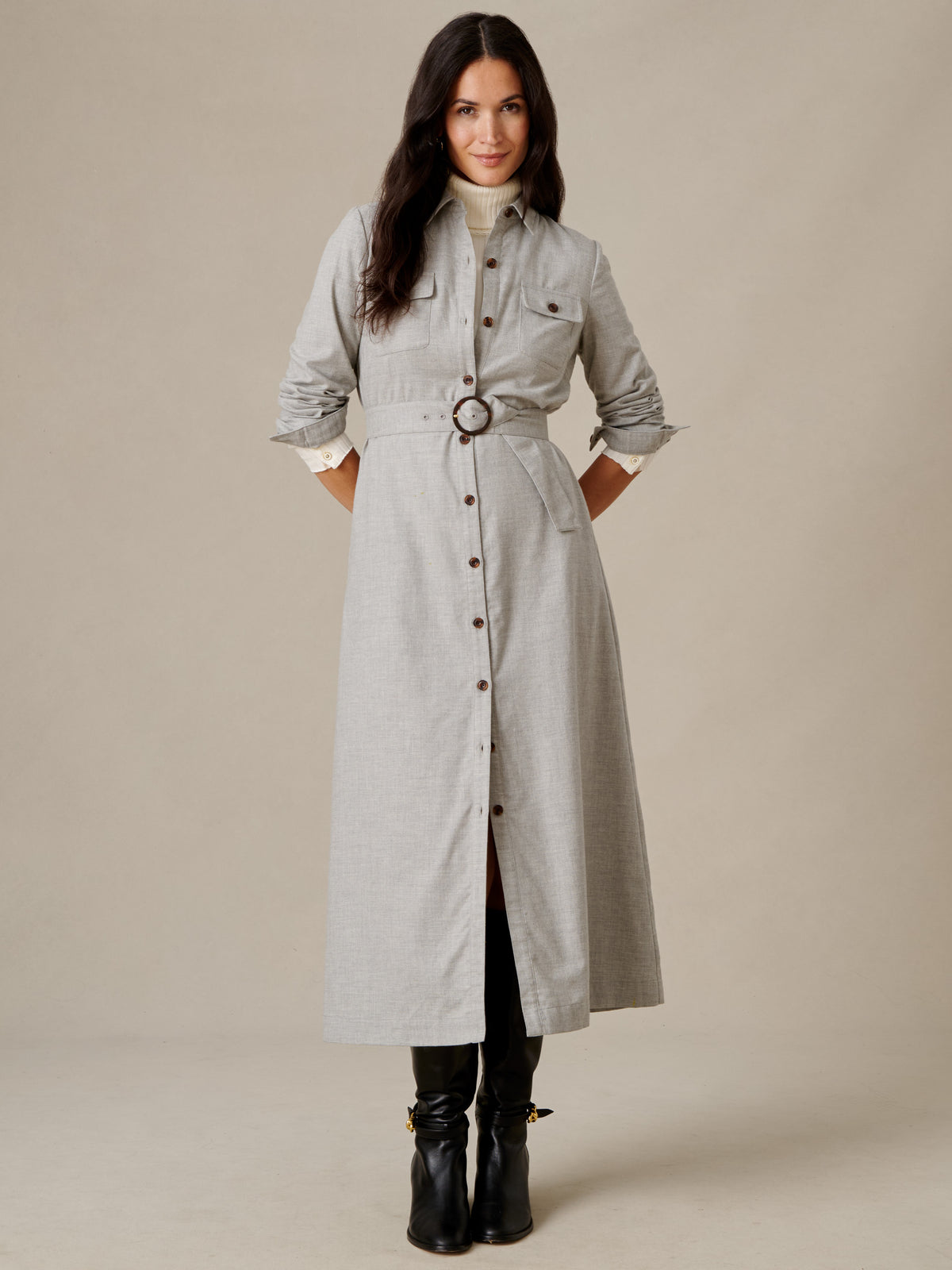 J.McLaughlin Fallon Dress in a soft gray cotton wool blend with shirt collar chest flap pockets self belt and button front styled with black boots