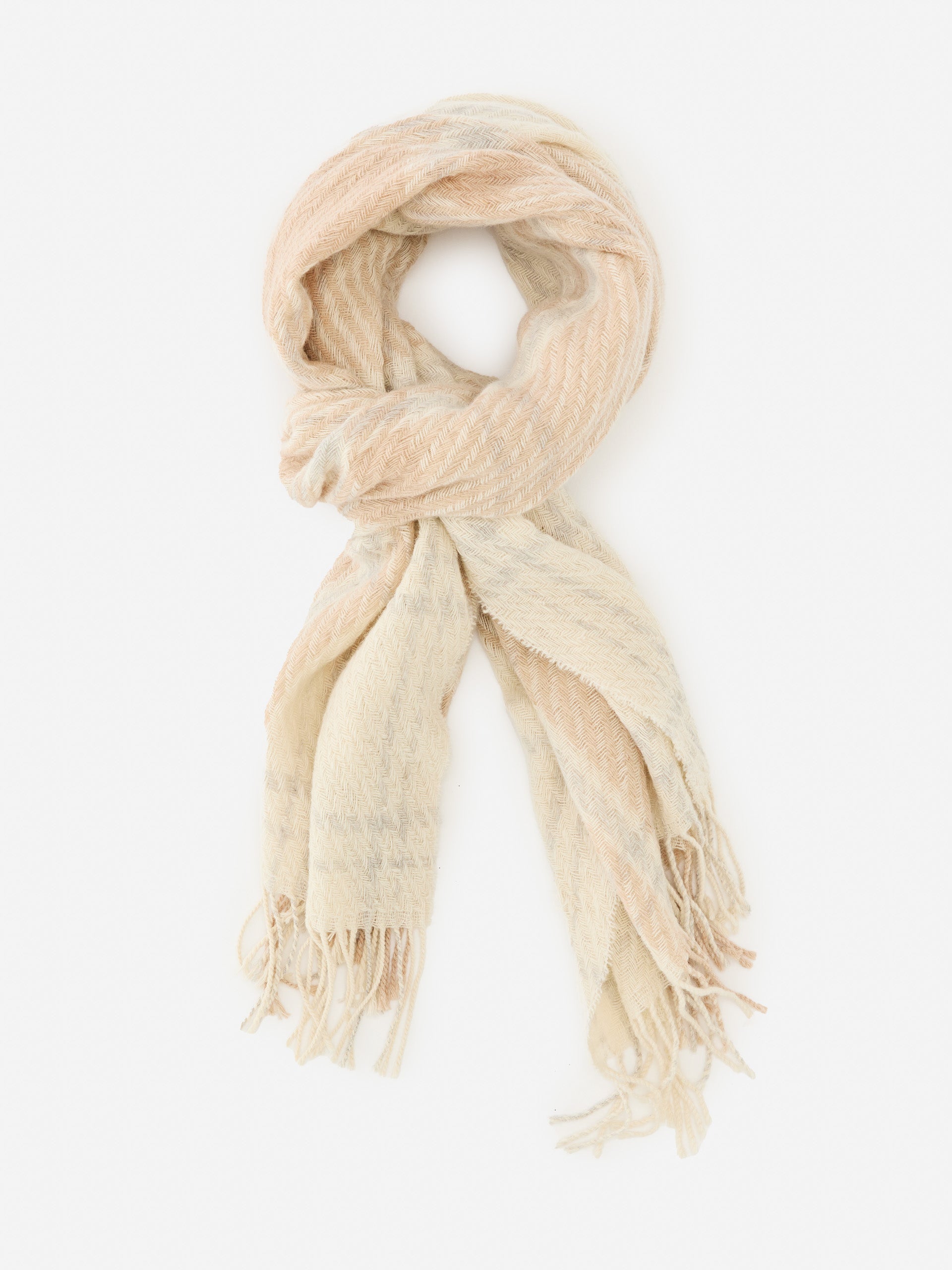 J.McLaughlin Federica scarf in off white/camel made with wool and cashmere.
