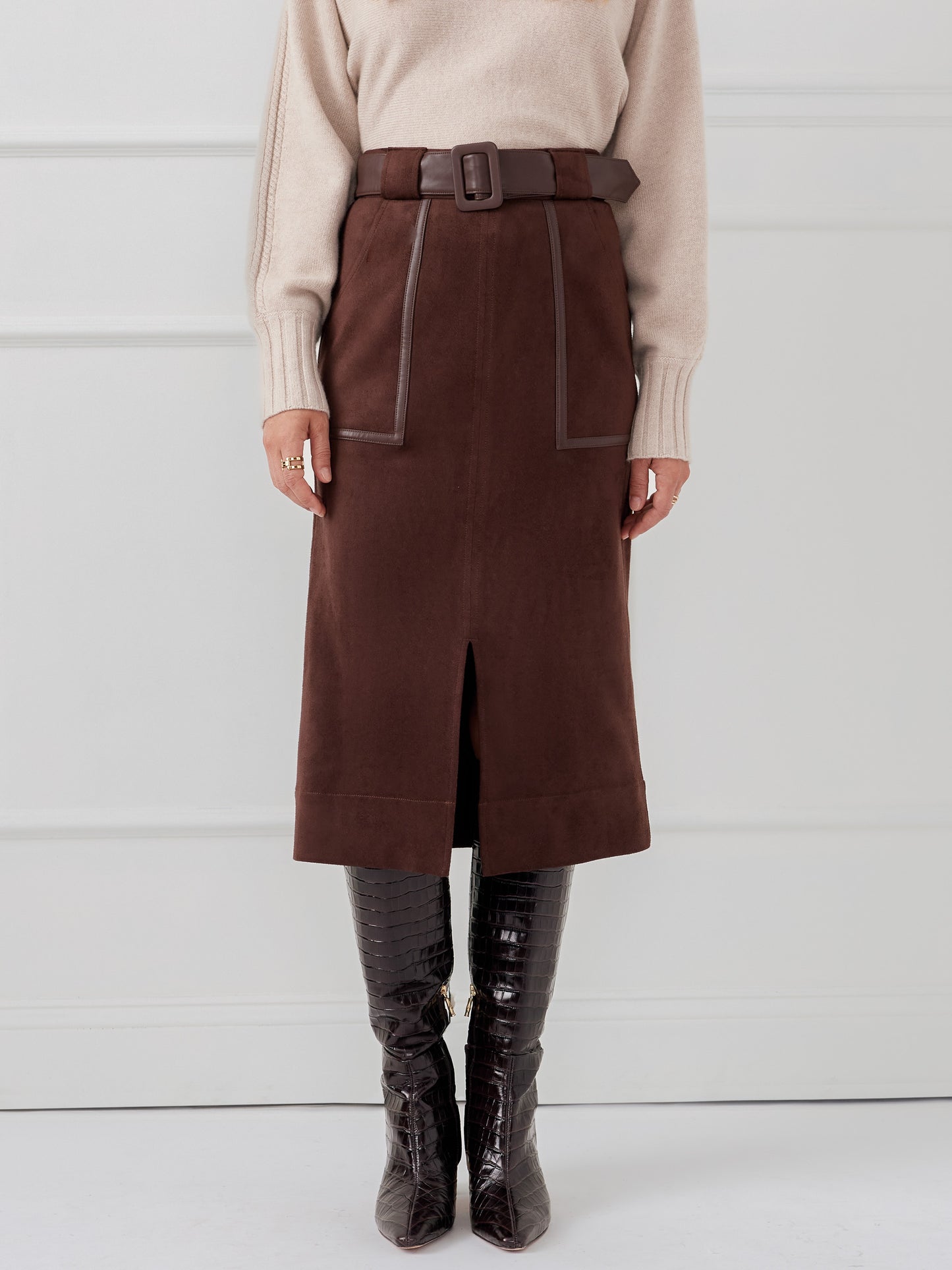 J.McLaughlin Finnian skirt in mocha made with faux suede.