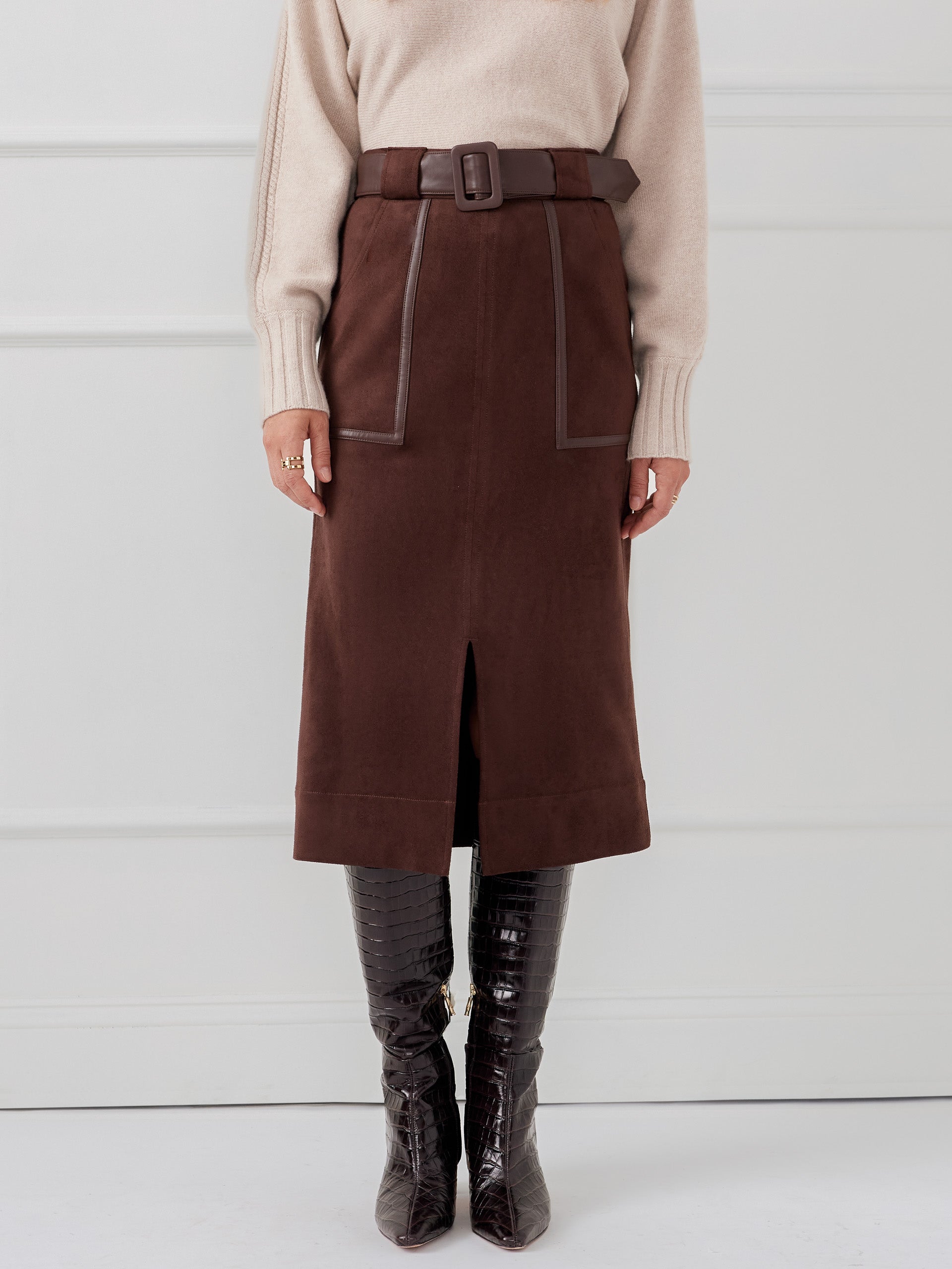 J.McLaughlin Finnian skirt in mocha made with faux suede.