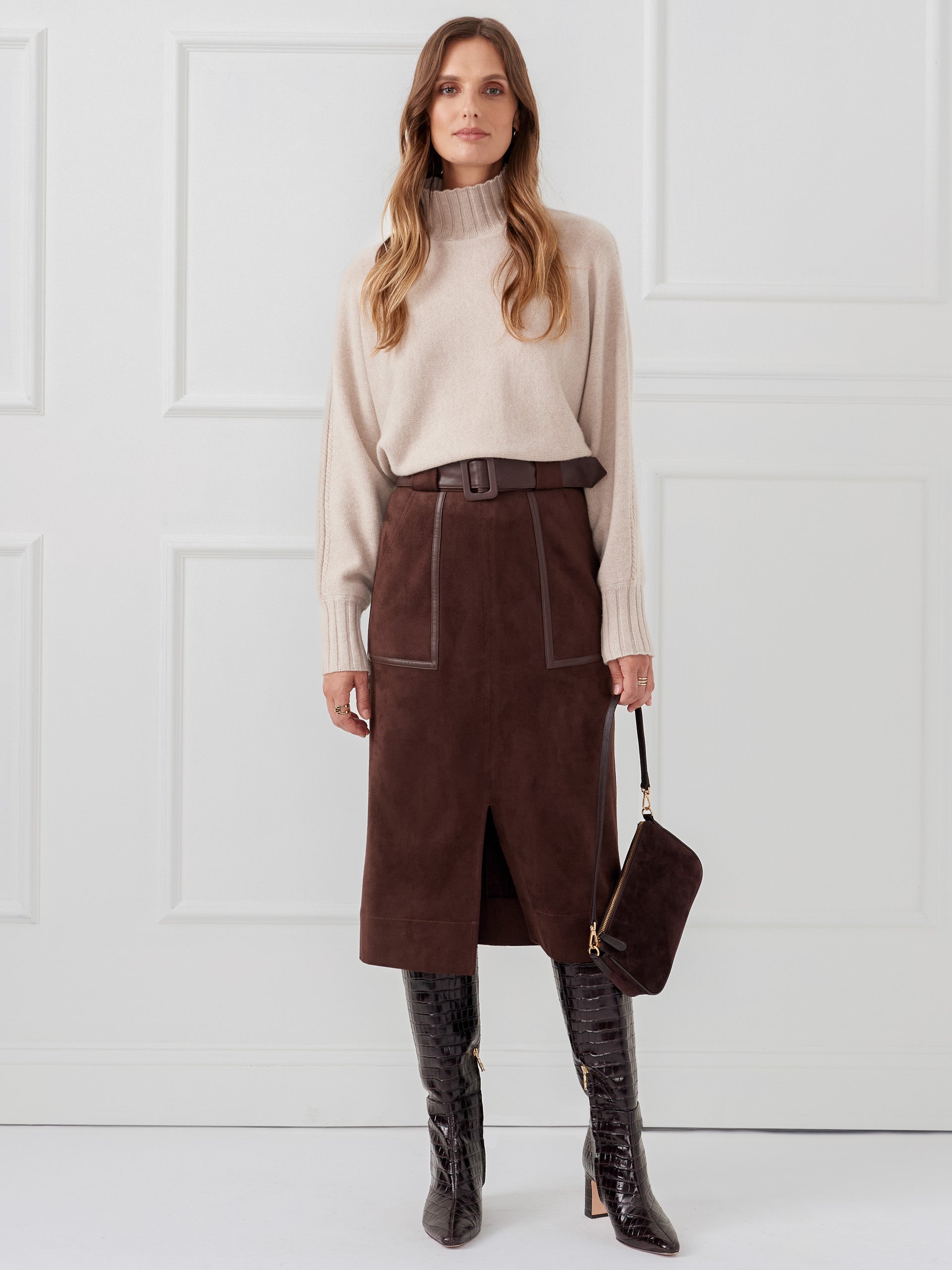 J.McLaughlin Finnian skirt in mocha made with faux suede.