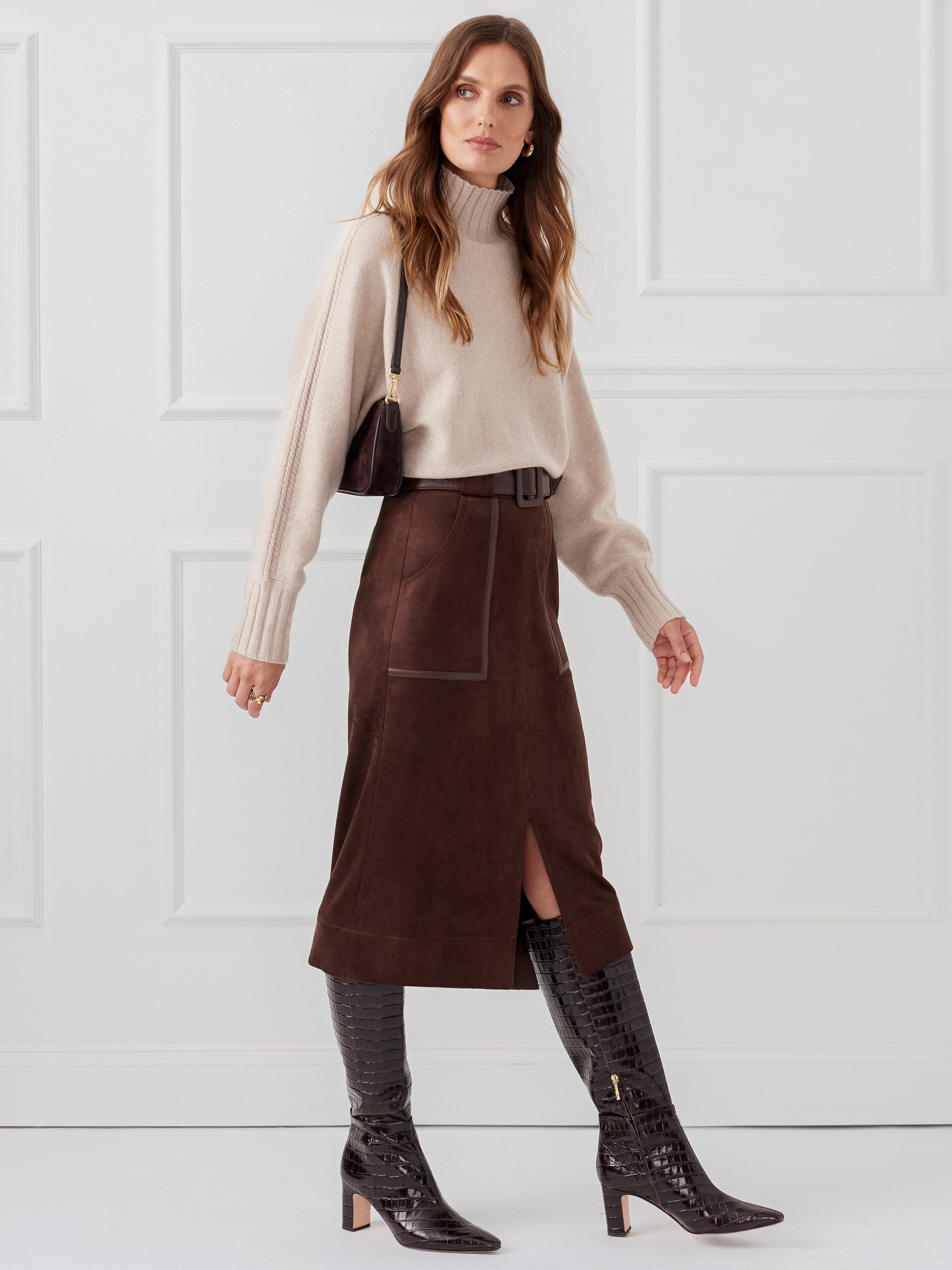 J.McLaughlin Finnian skirt in mocha made with faux suede.