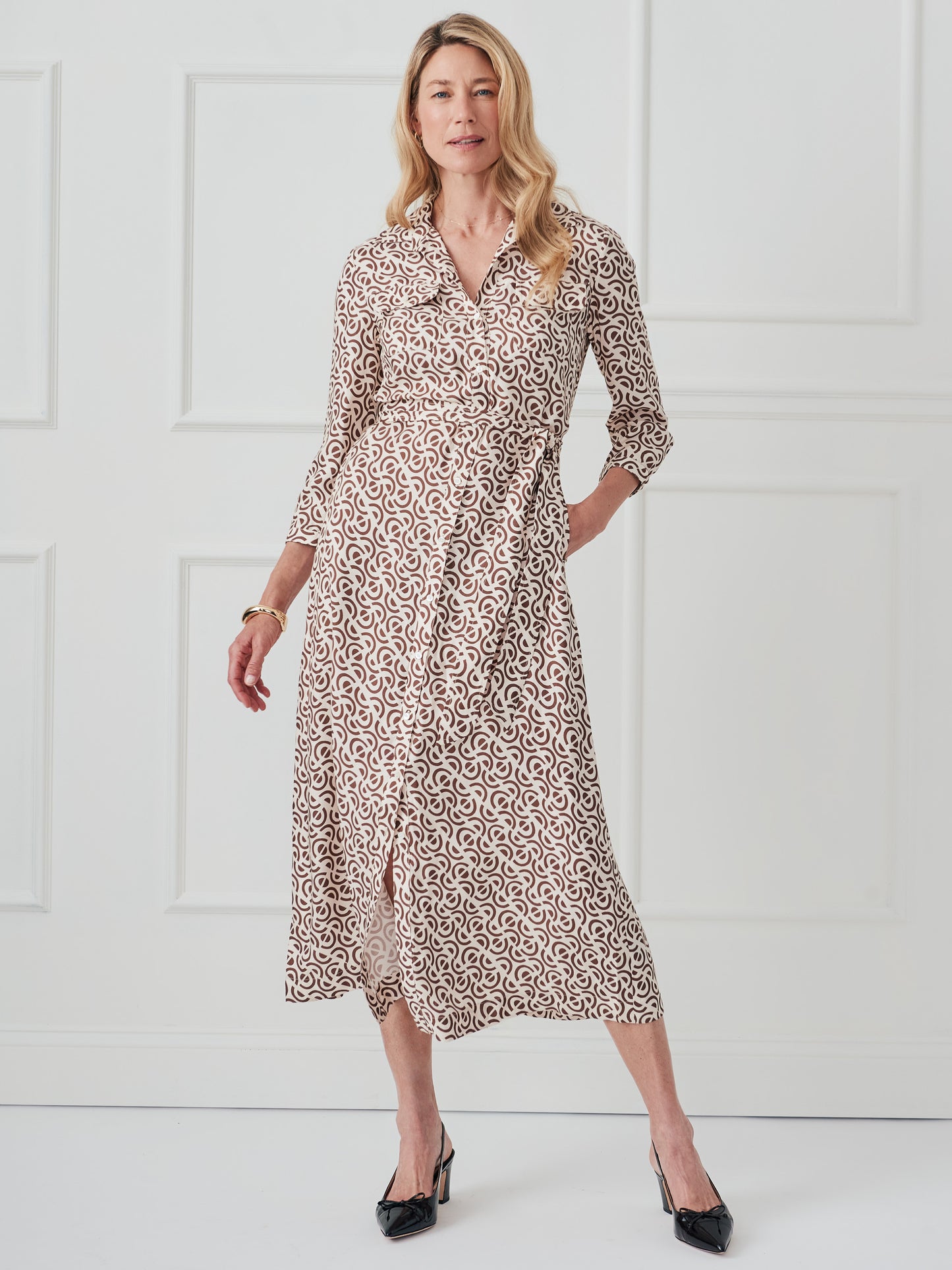 J.McLaughlin Freda dress in cream/brown made with silk/viscose. 