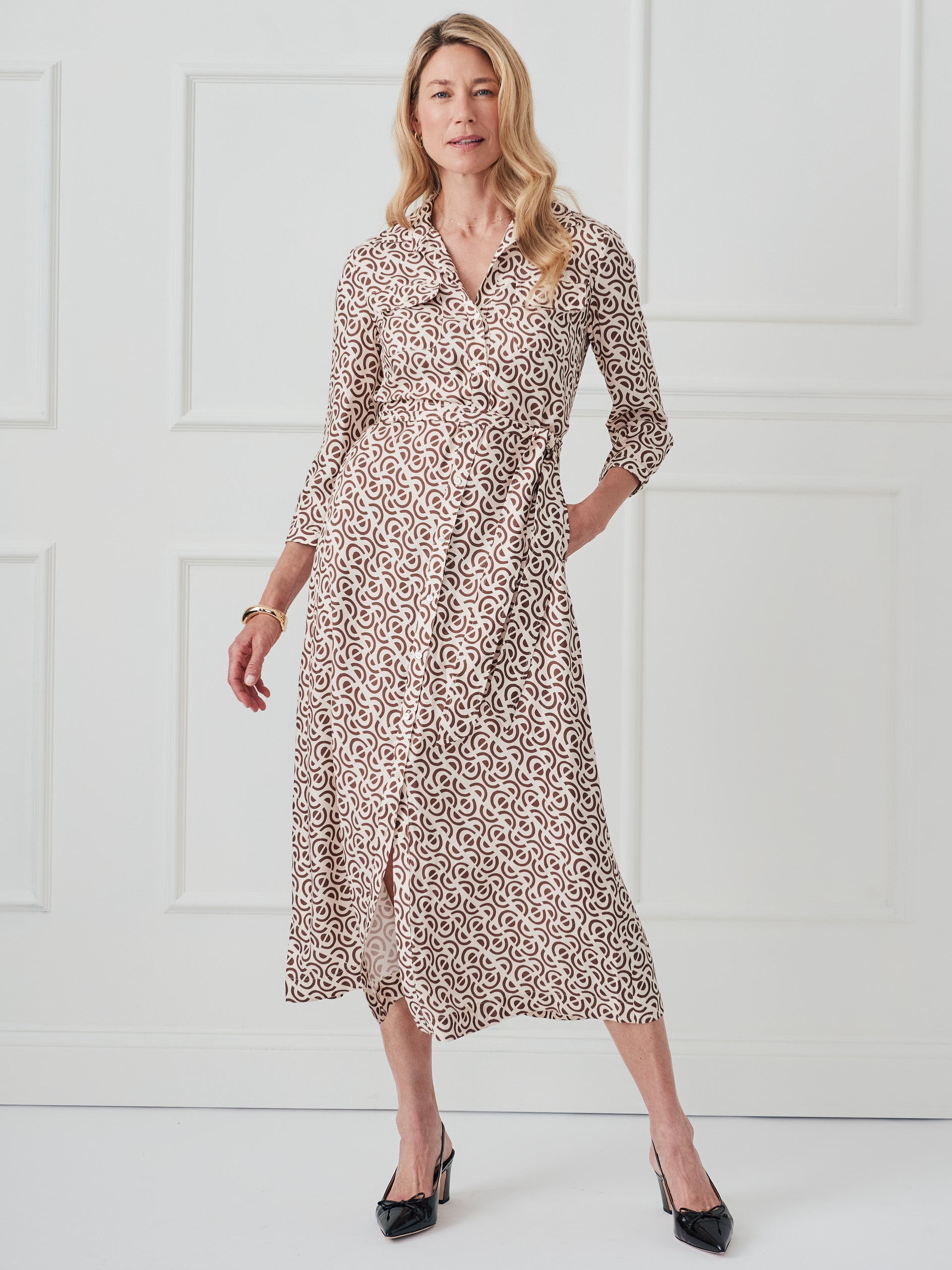 J.McLaughlin Freda dress in cream/brown made with silk/viscose. 