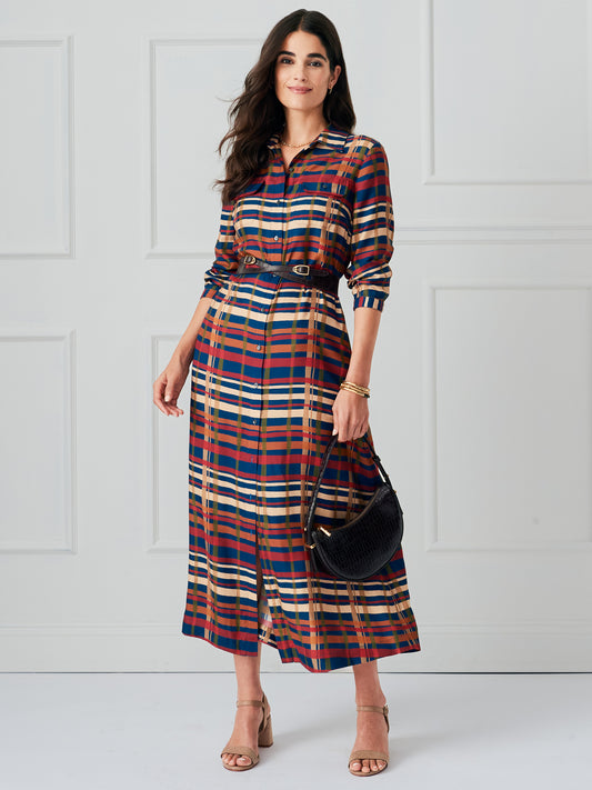J.McLaughlin Freda dress in navy/multi made with silk/viscose. 