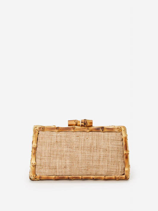 J.McLaughlin Genevieve clutch in harvest made with wood bamboo and polyester.