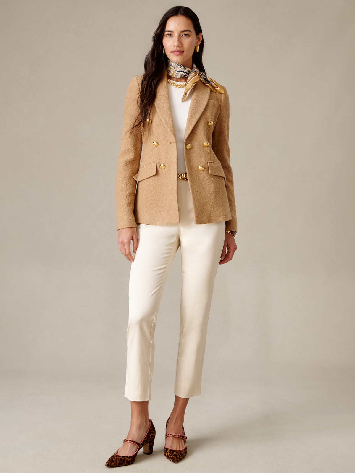 J.McLaughlin Genevieve Wool Bouclé Blazer in warm camel styled with a cream top ivory pants printed scarf and patterned heels