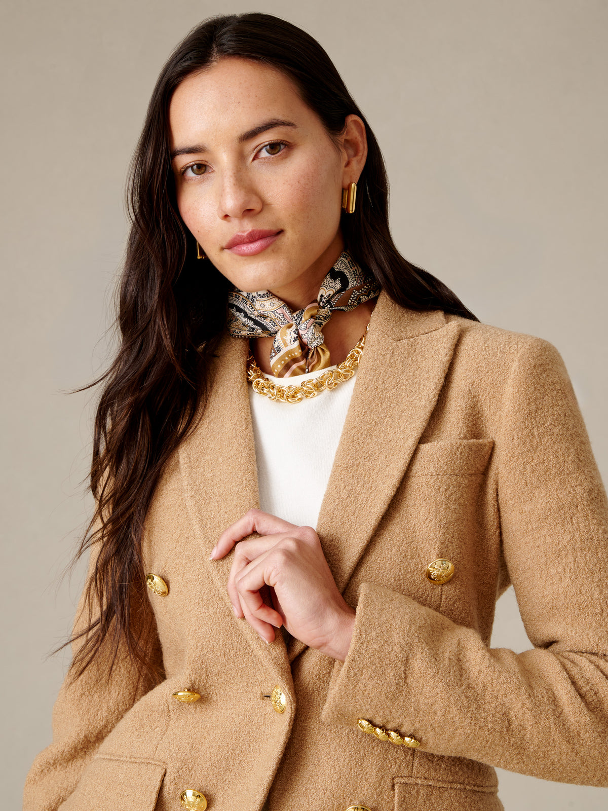 J.McLaughlin Genevieve Wool Bouclé Blazer in camel bouclé wool with double breasted tailoring and gold buttons styled with a patterned scarf