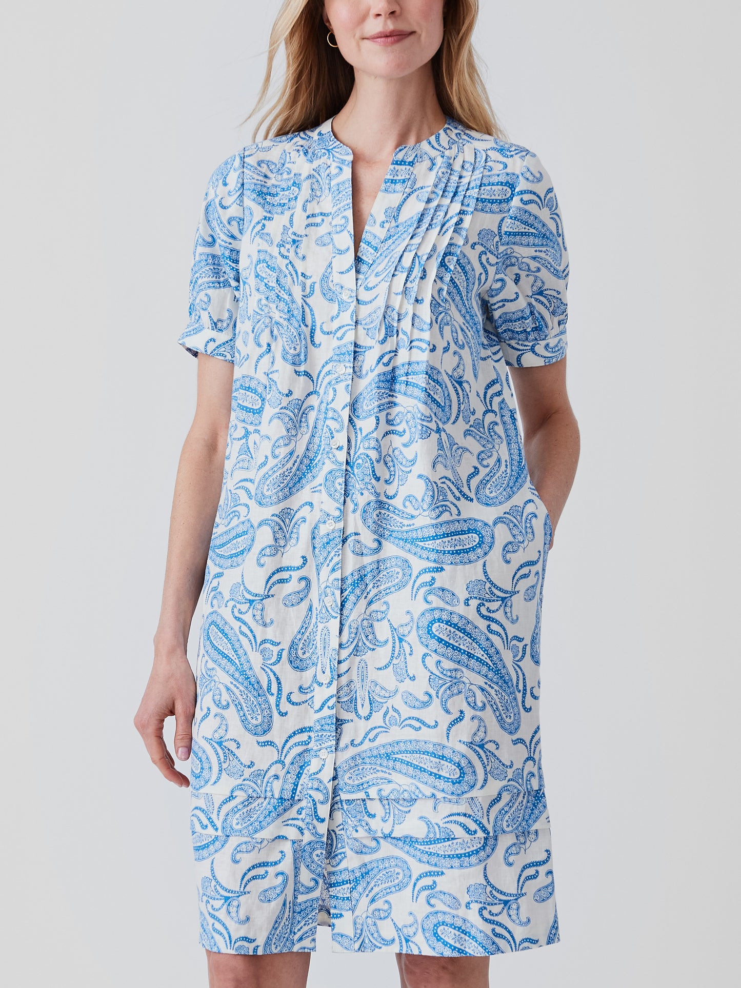 J.McLaughlin Gianna dress in off white/blue made with linen. 