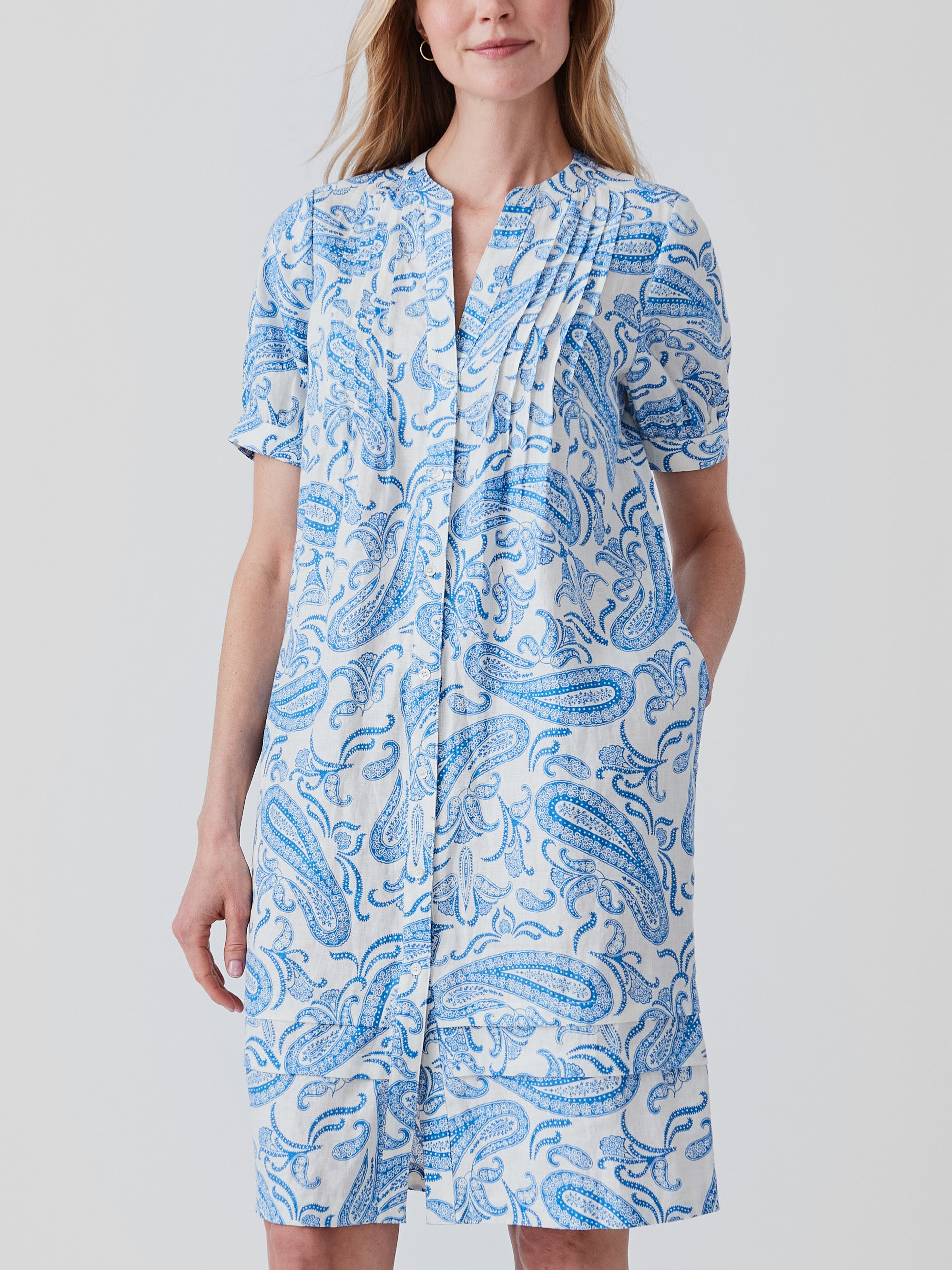J.McLaughlin Gianna dress in off white/blue made with linen. 