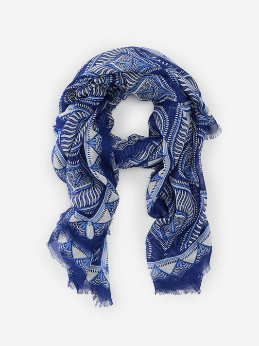 J.McLaughlin Giselle scarf in blue/off white made with silk/modal.