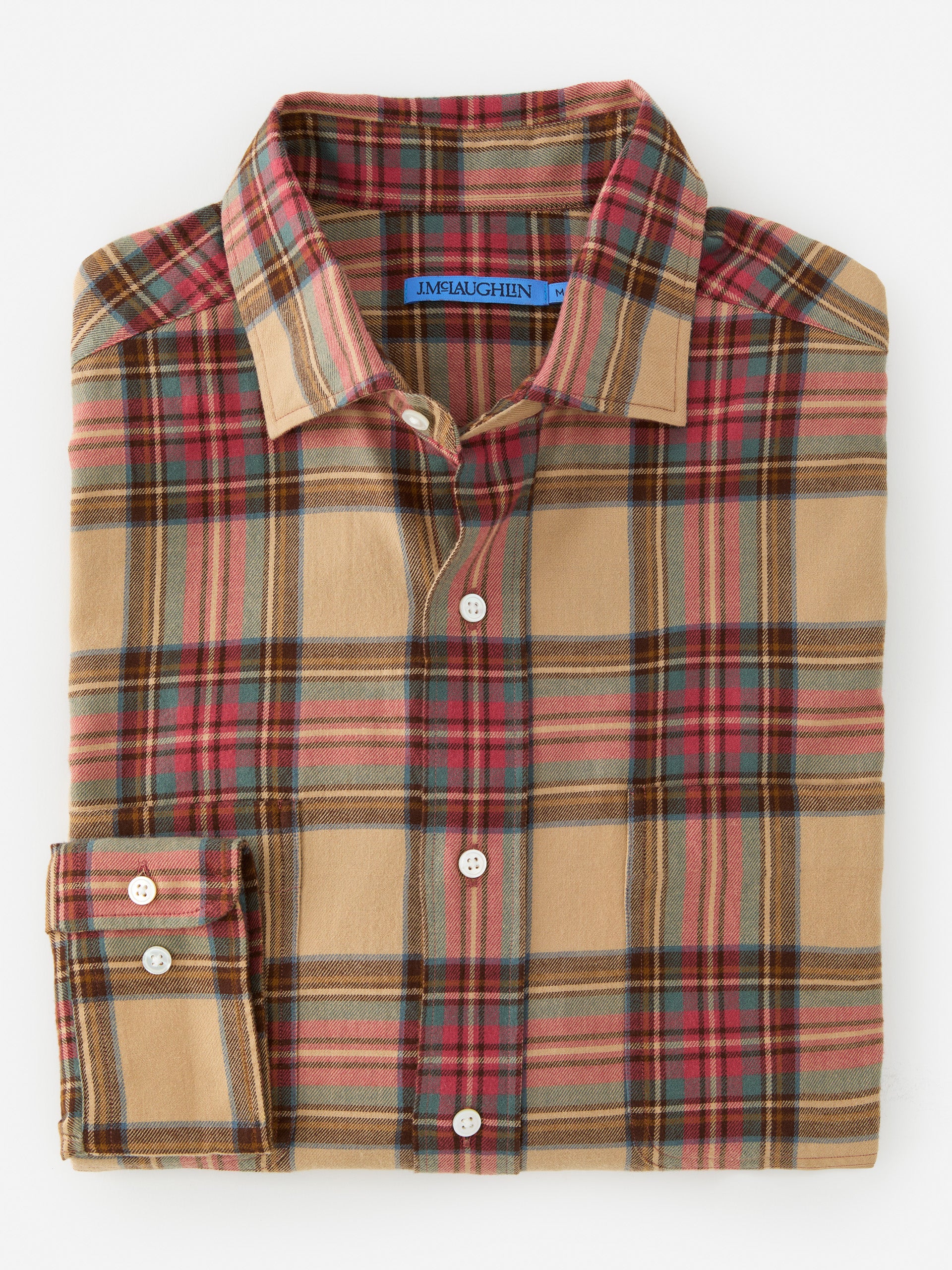 J.McLaughlin Glenmere shirt in red/beige/green made with cotton. 