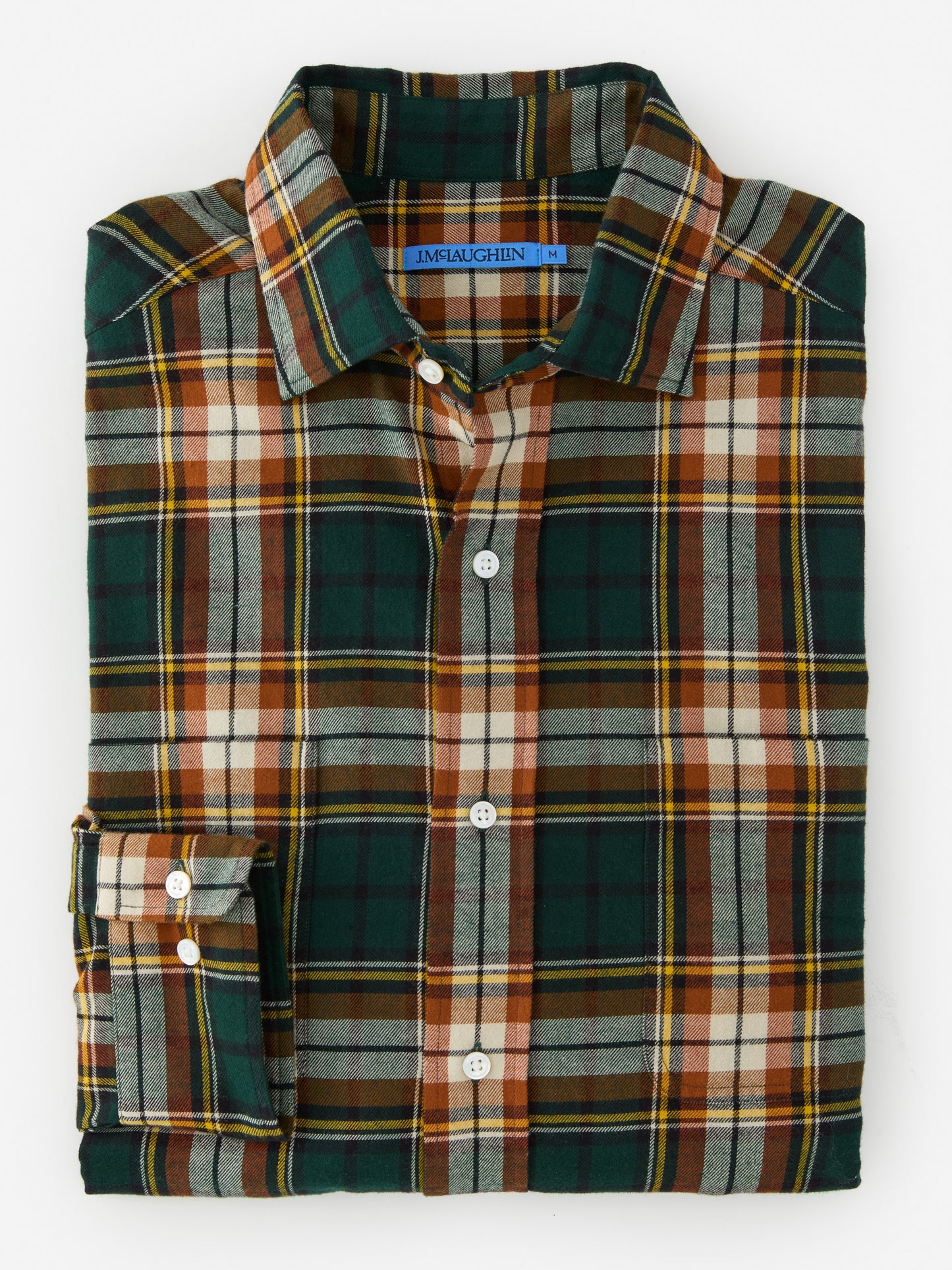 J.McLaughlin Glenmere shirt in green/brown/gold made with cotton. 