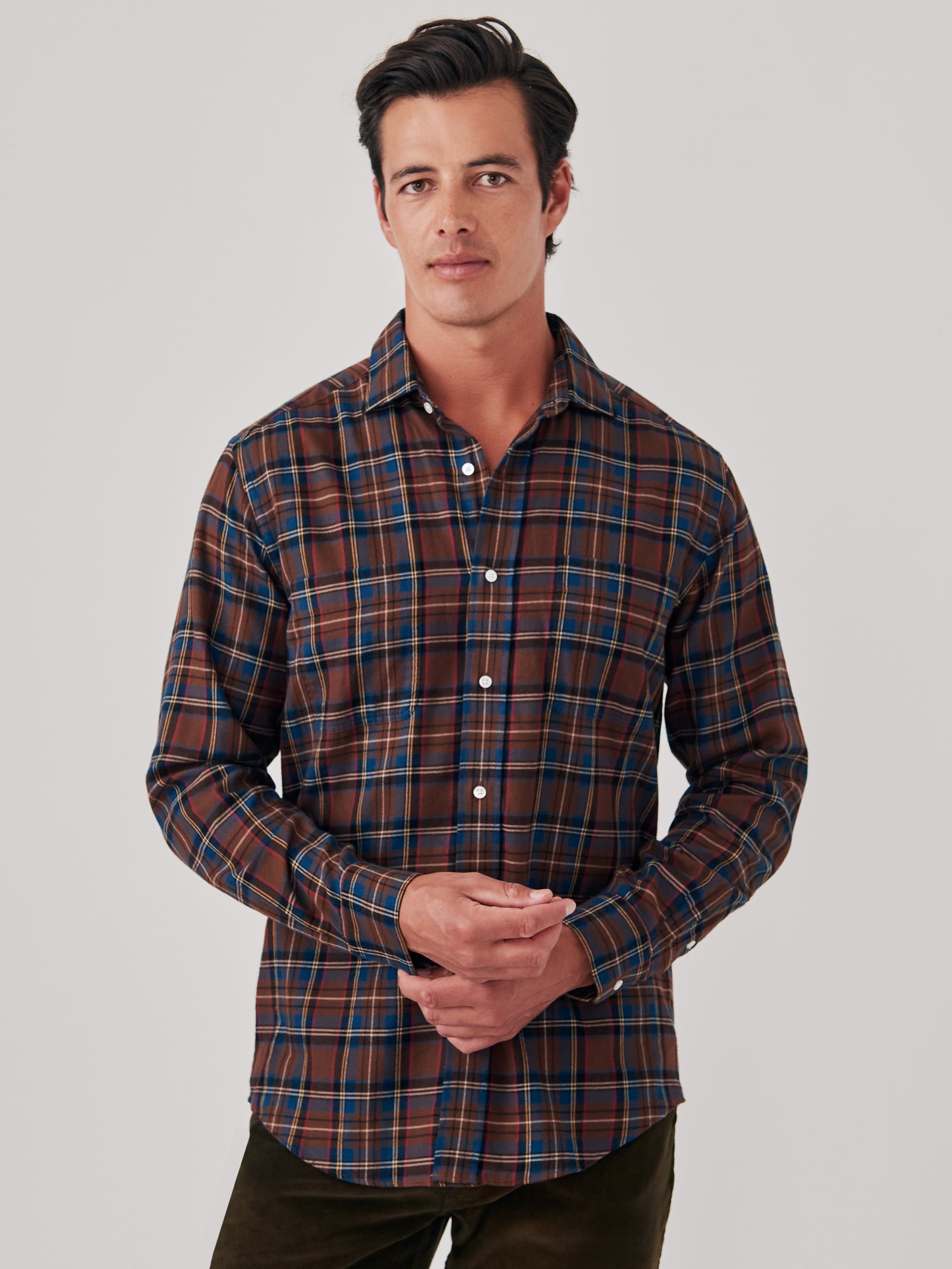J.McLaughlin Glenmere shirt in brown/red/gold/blue made with cotton.