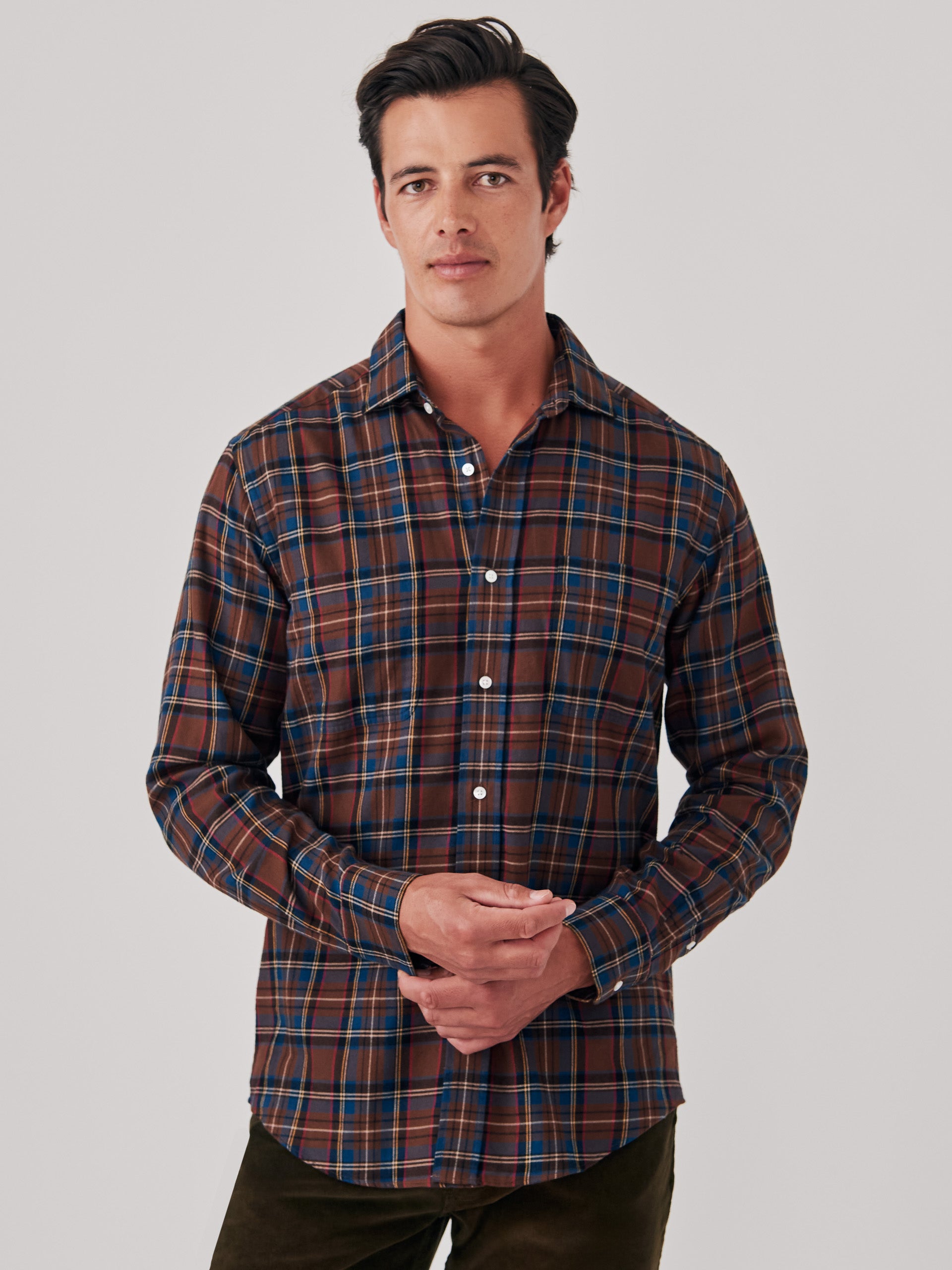 J.McLaughlin Glenmere shirt in brown/red/gold/blue made with cotton.