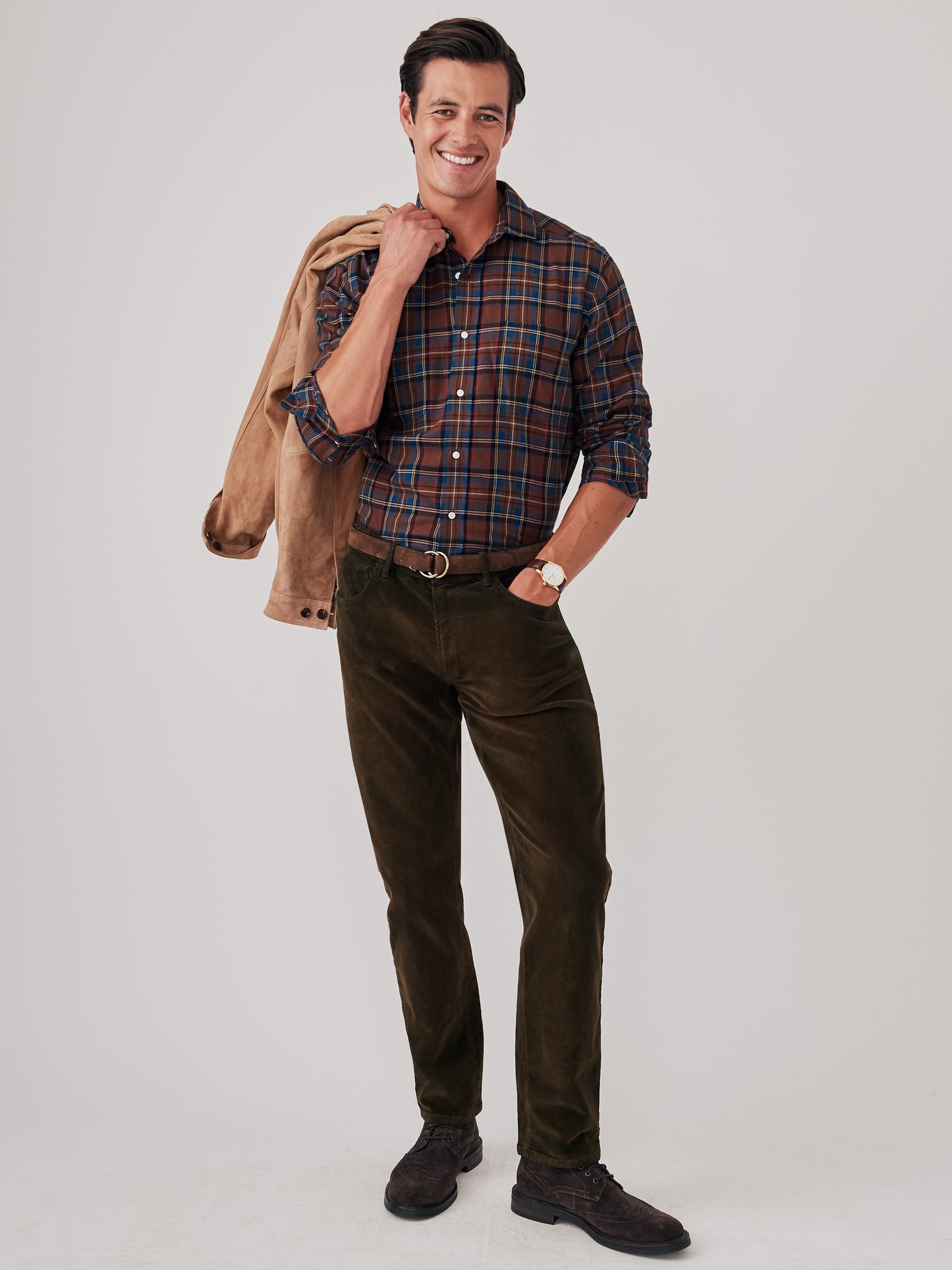 J.McLaughlin Glenmere shirt in brown/red/gold/blue made with cotton.